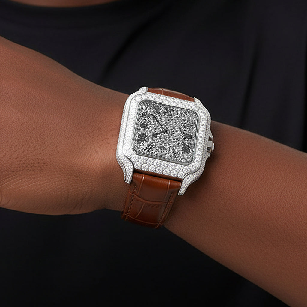 Moissanite Brown Croco Leather Band Watch Mens