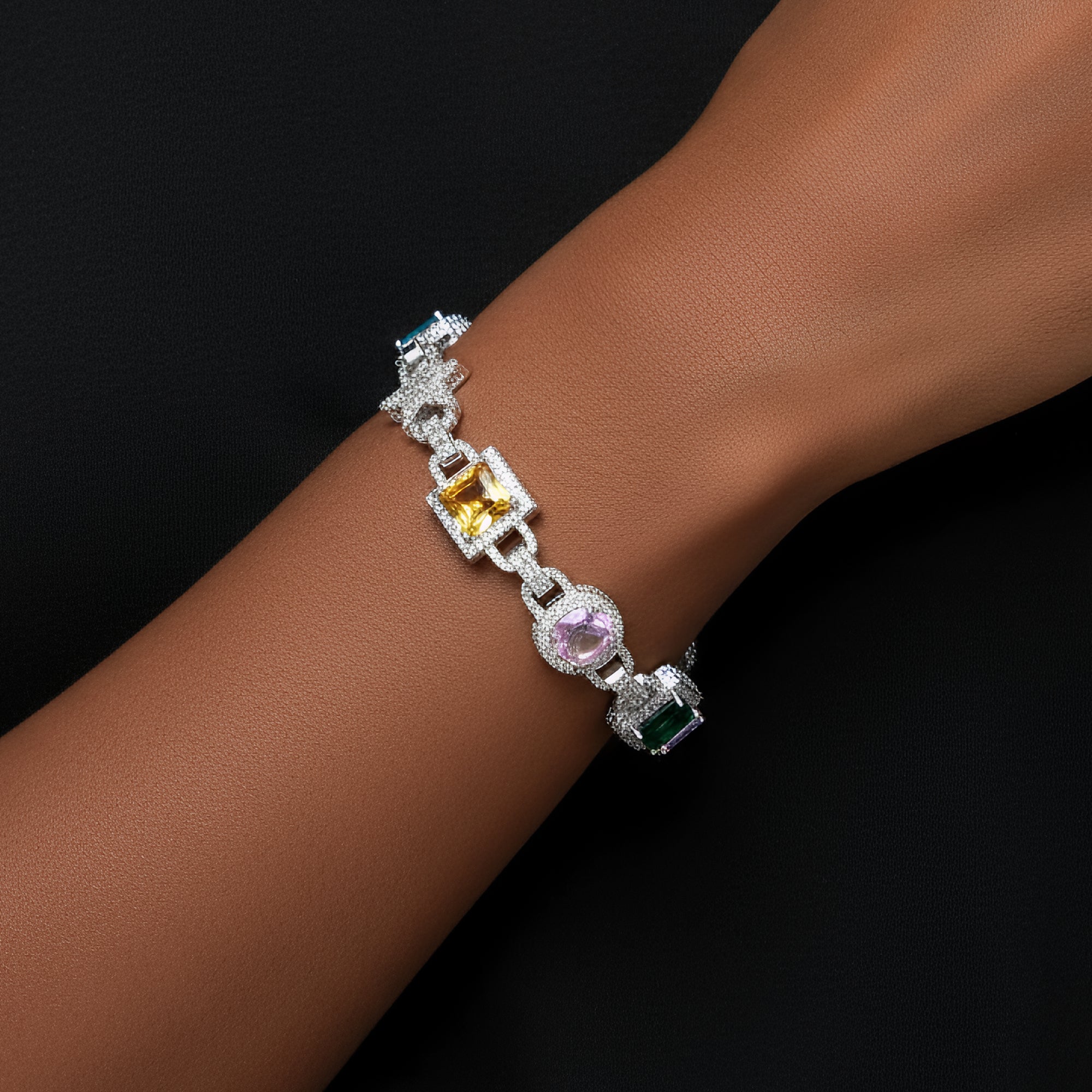 Moissanite Color Stone Star Link Bracelet 925 Silver