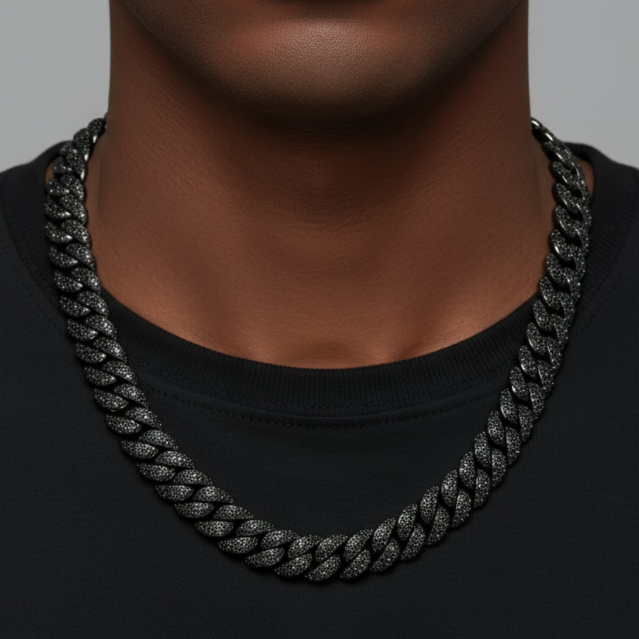 925 Silver 15mm Black Moissanite Miami Cuban 22 Inch Mens Necklace