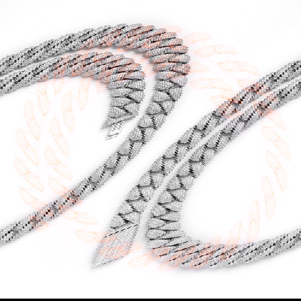 925 Silver Moissanite 12mm 22 Inch White Rose Two Tone Cuban Necklace - Master of Bling 