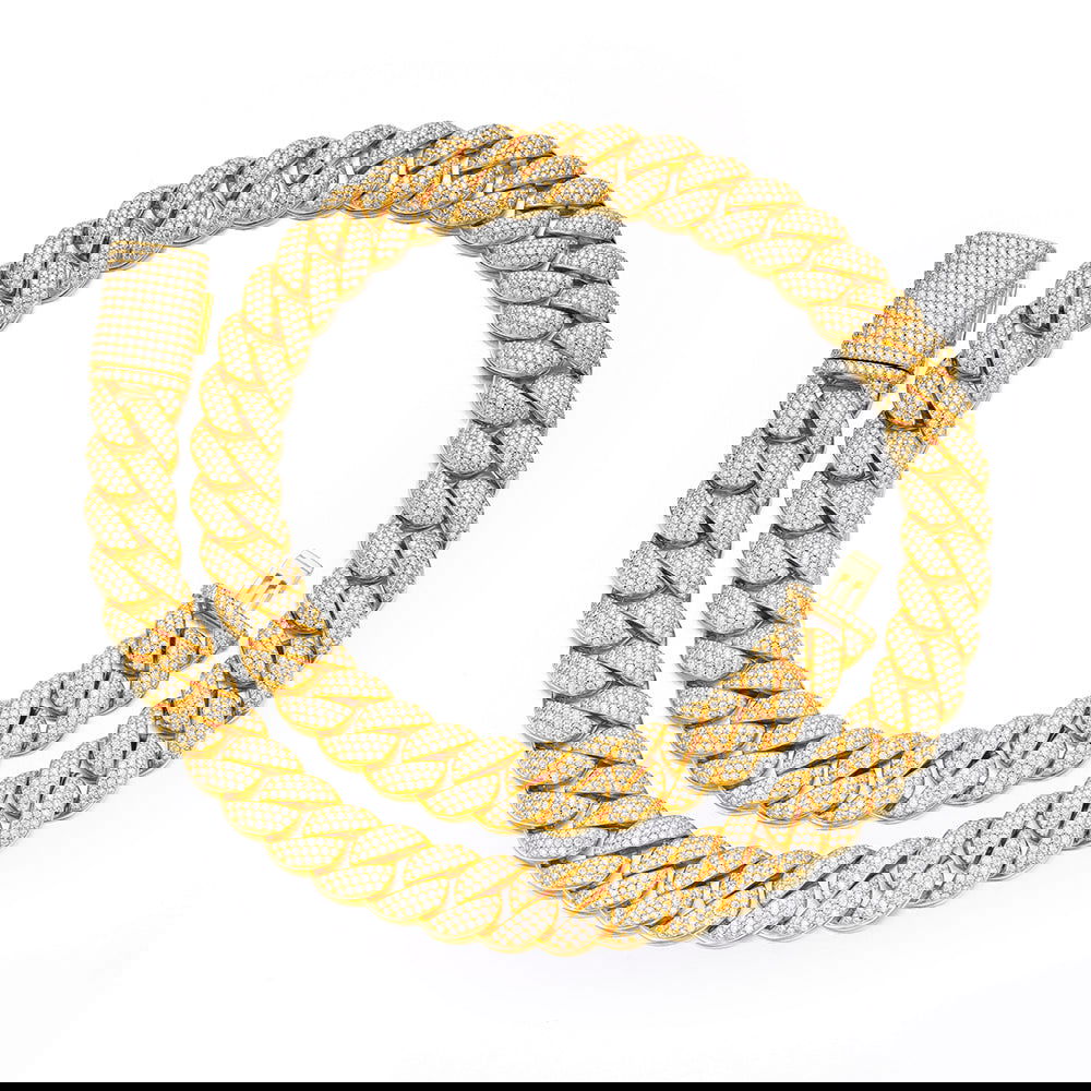 925 Silver Moissanite 15mm 22 Inch Cuban Mens Yellow Tone Necklace - Master of Bling 