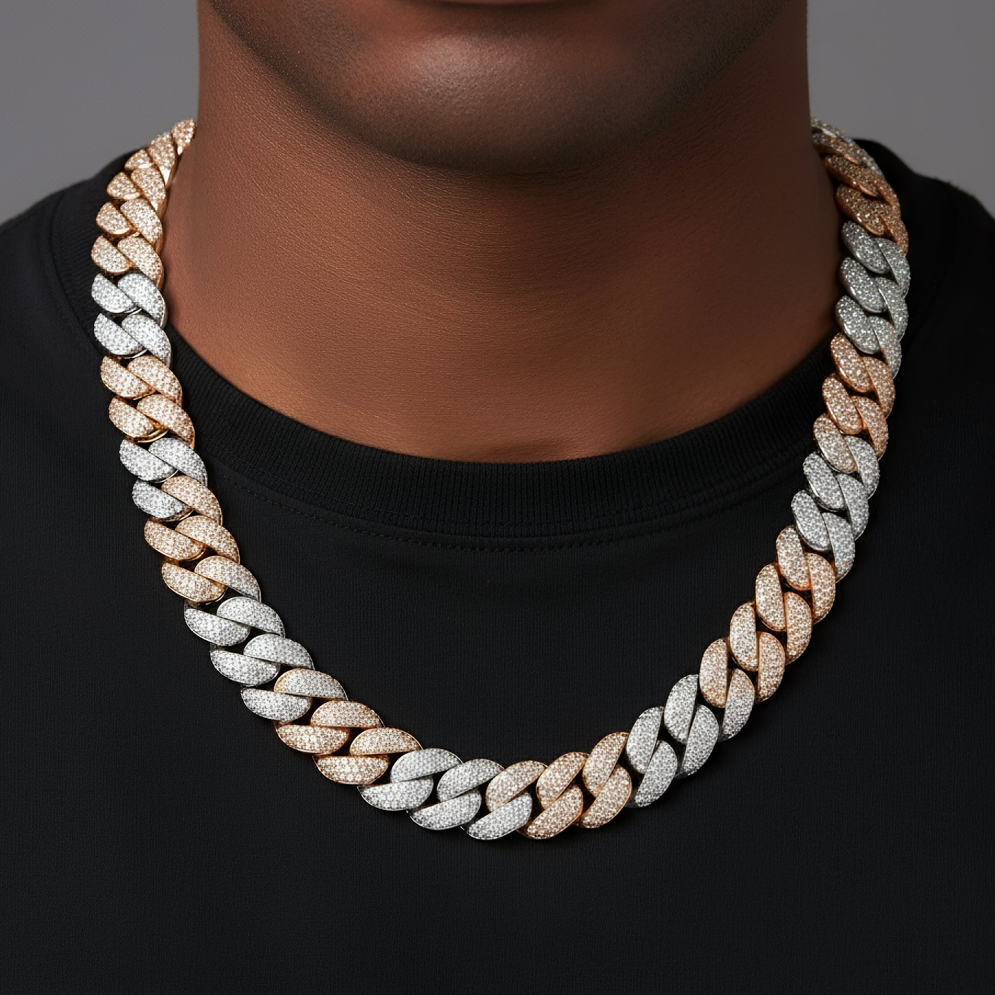 925 Silver Moissanite 15mm 22 Inch Cuban White Rose Two Tone Necklace