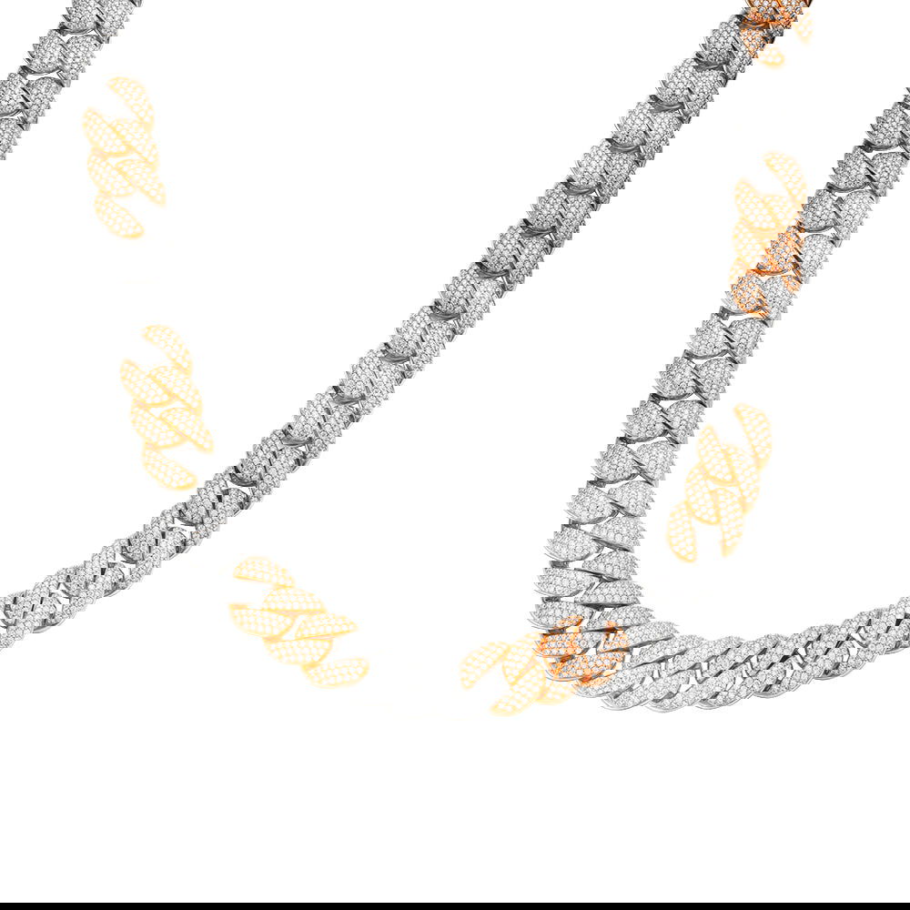 925 Silver Moissanite 15mm 22 Inch Cuban White Rose Two Tone Necklace - Master of Bling 