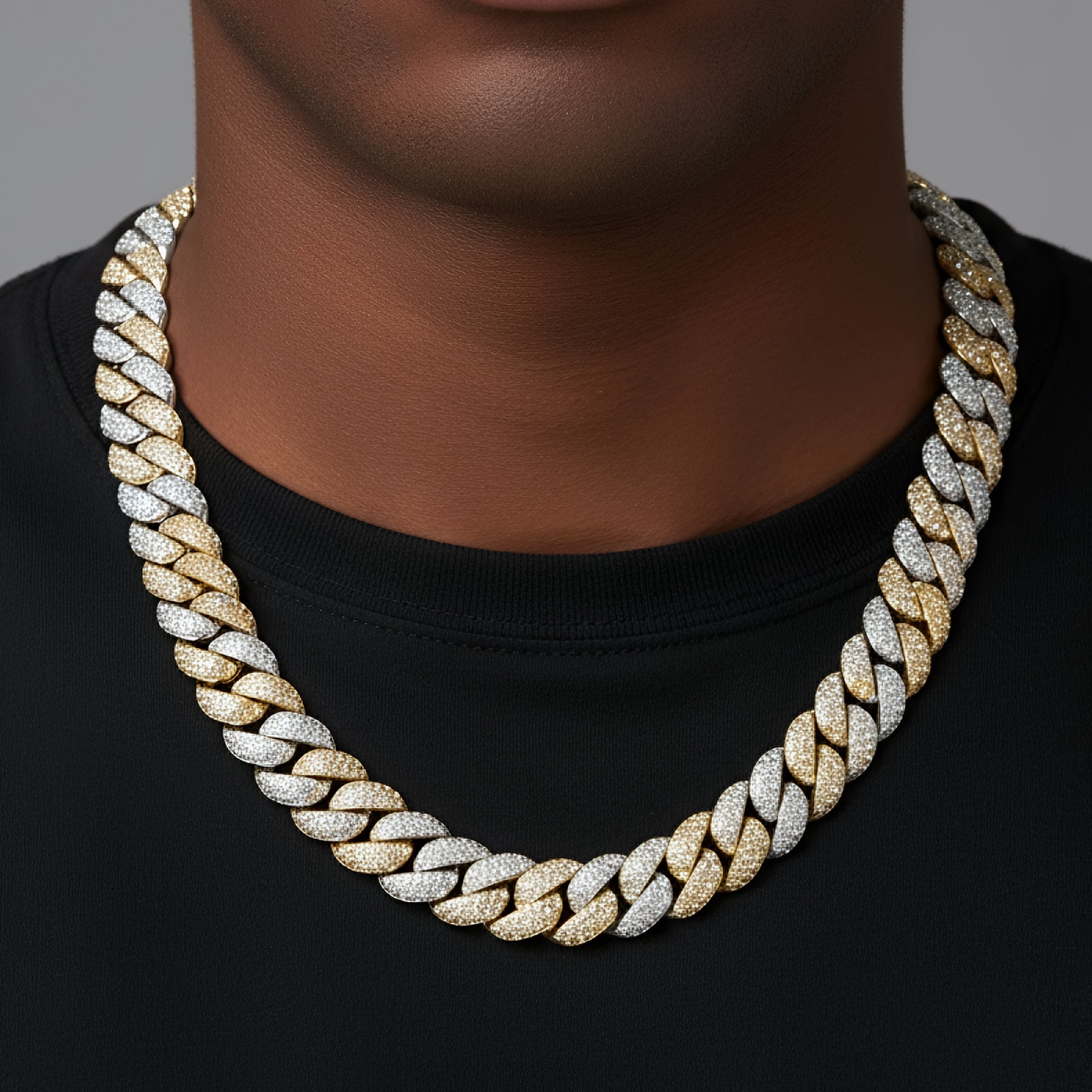 925 Silver Moissanite Diamond 12mm Two Tone Gold 22 Inch Cuban Necklace