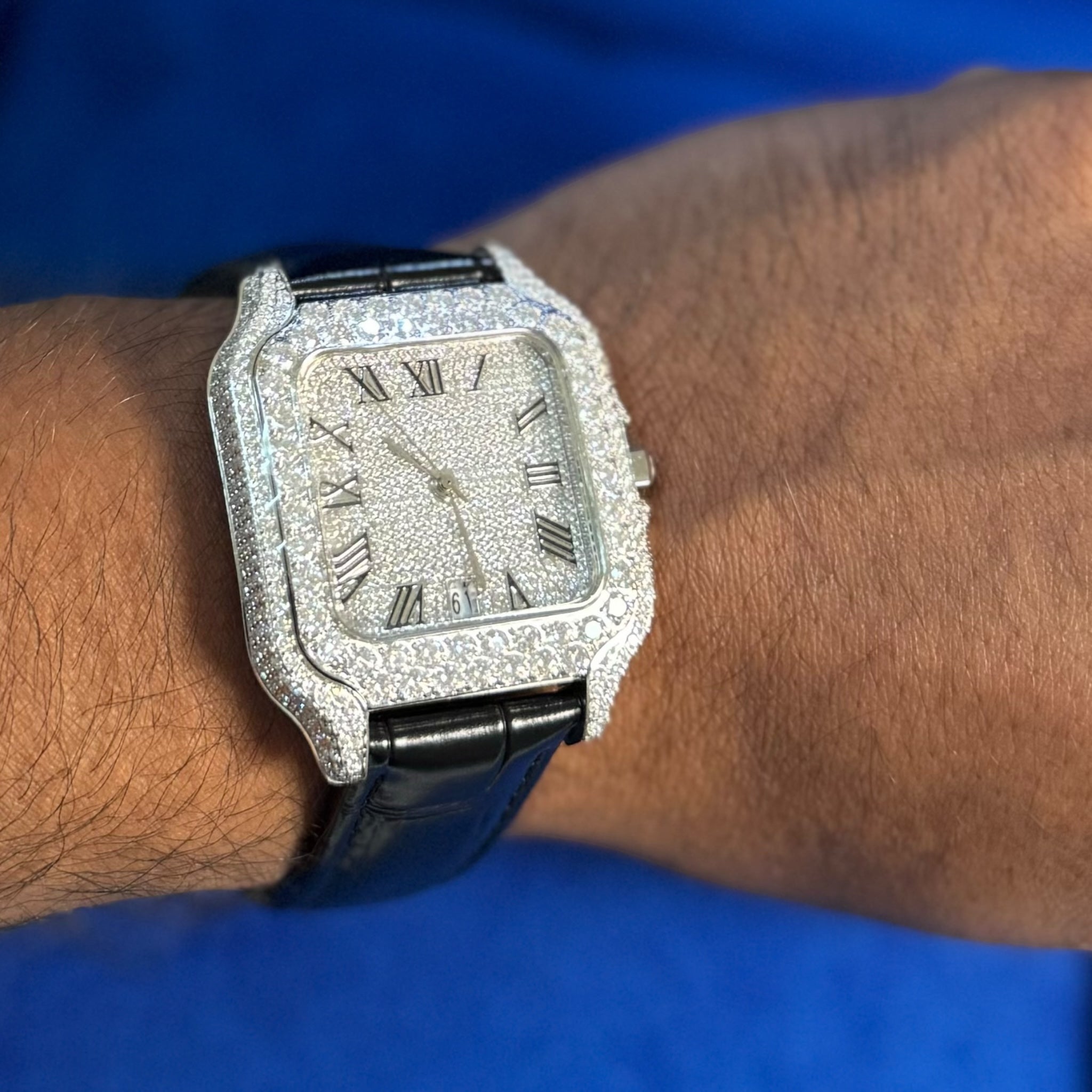 Moissanite Black Croco Half Iced Leather Band Watch Bezel 9.6ct