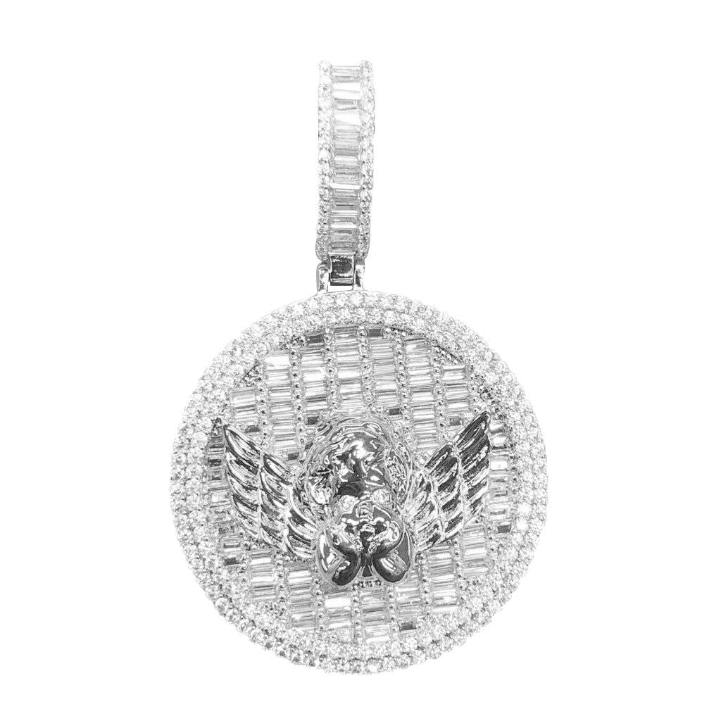 Baguette Angel Wings Icy Custom White Tone Hip Hop Pendant - Master of Bling 