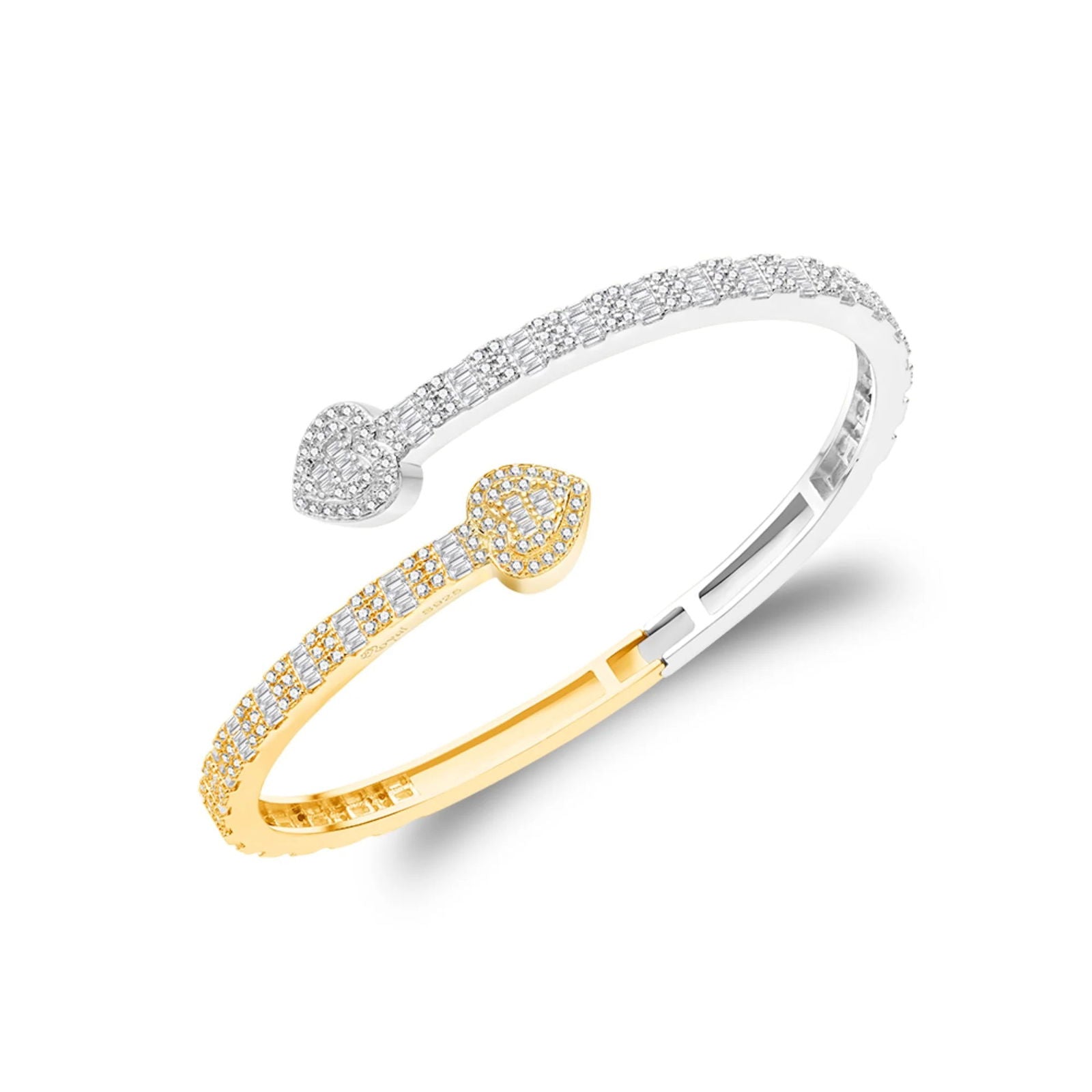 Bangle Bracelet Baguette Moissanite Heart 2 Tone 925 Silver Women - Master of Bling 