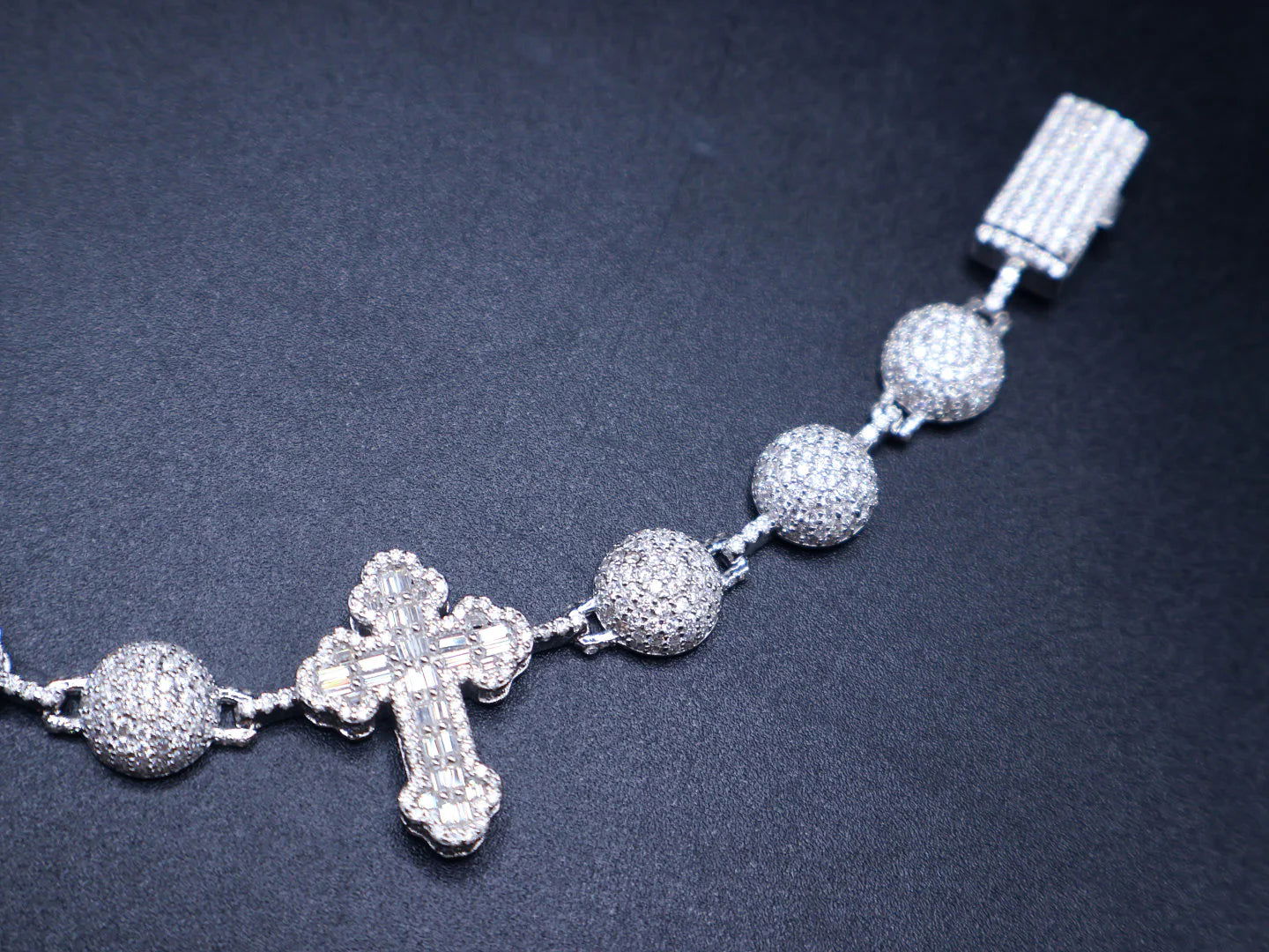 Bead Ball Cross Sterling Silver Moissanite Iced Bracelet - Master of Bling 