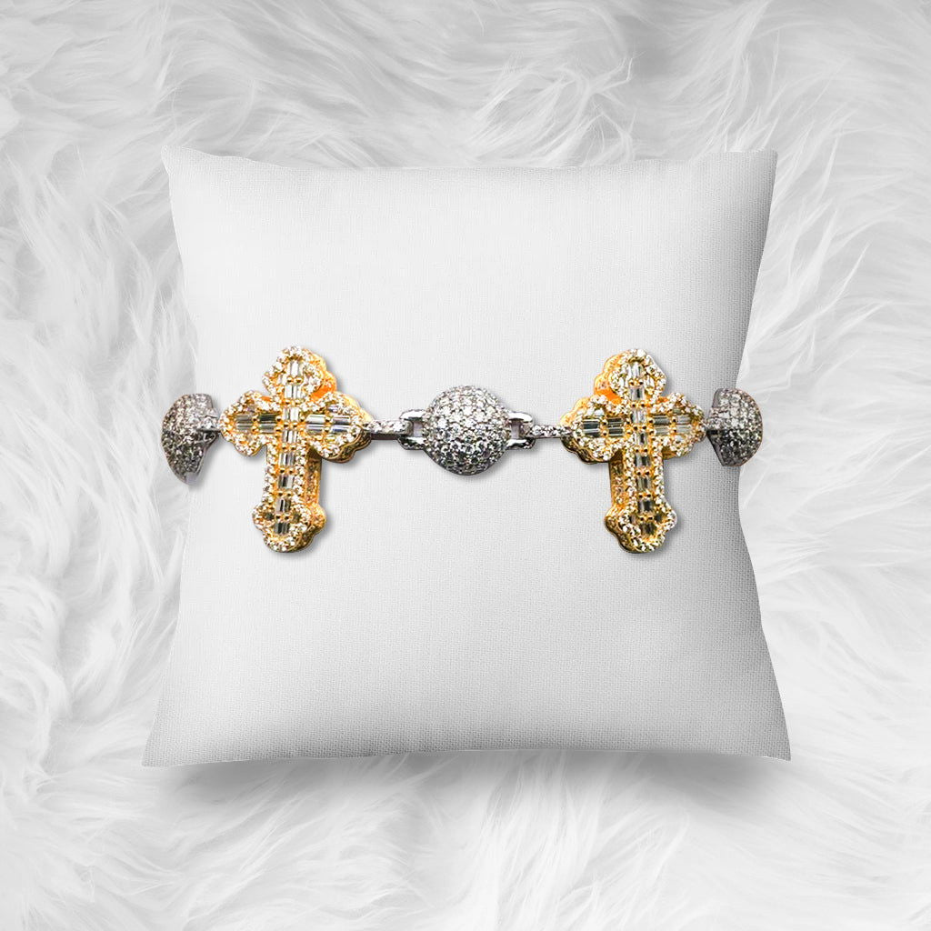 Bead Ball Cross Two Tone Gold Moissanite Iced Silver Bracelet - Master of Bling 