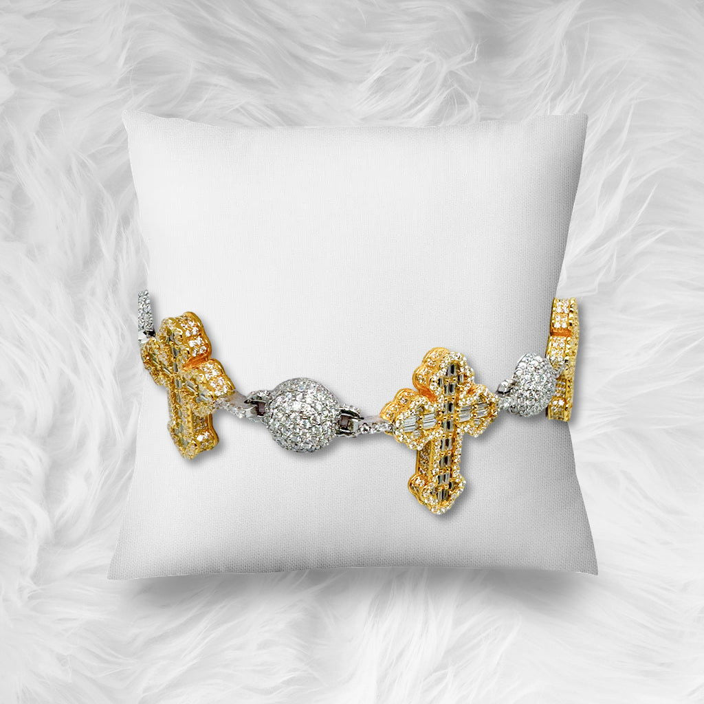Bead Ball Cross Two Tone Gold Moissanite Iced Silver Bracelet - Master of Bling 