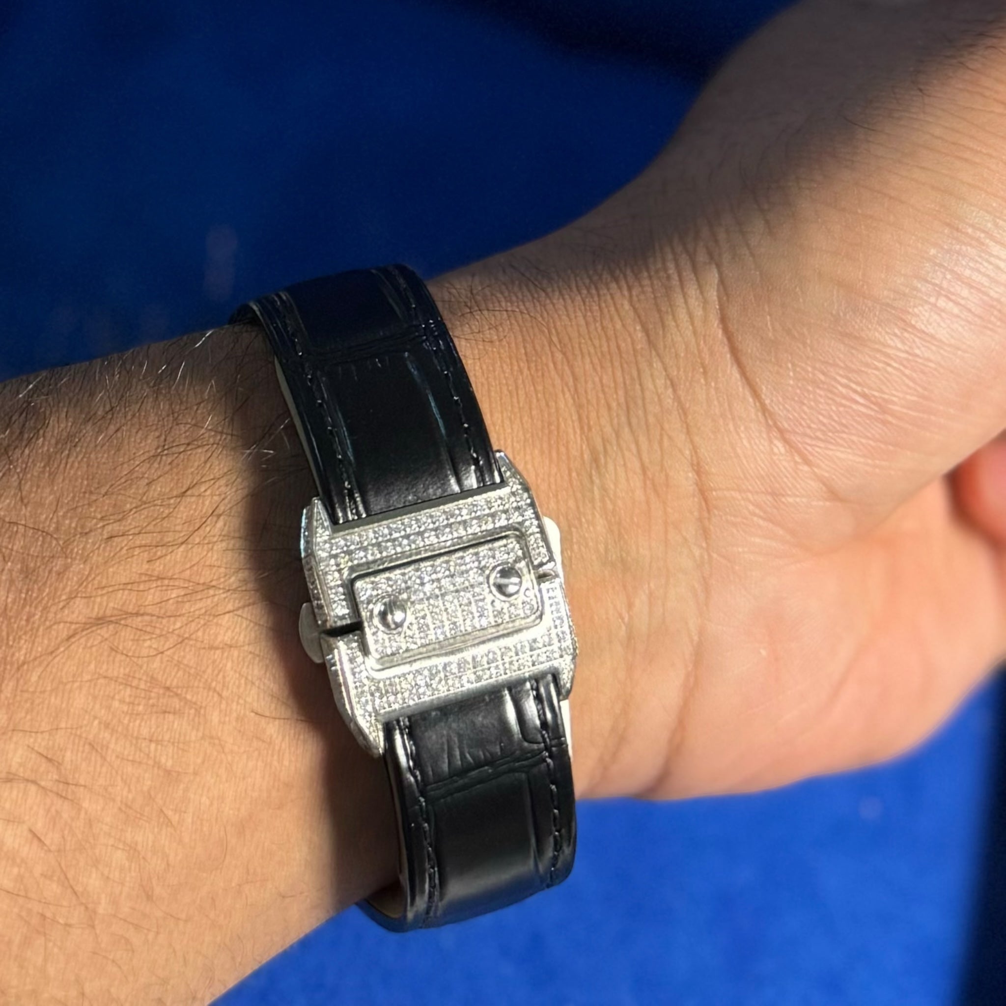 Moissanite Black Croco Half Iced Leather Band Watch Bezel 9.6ct