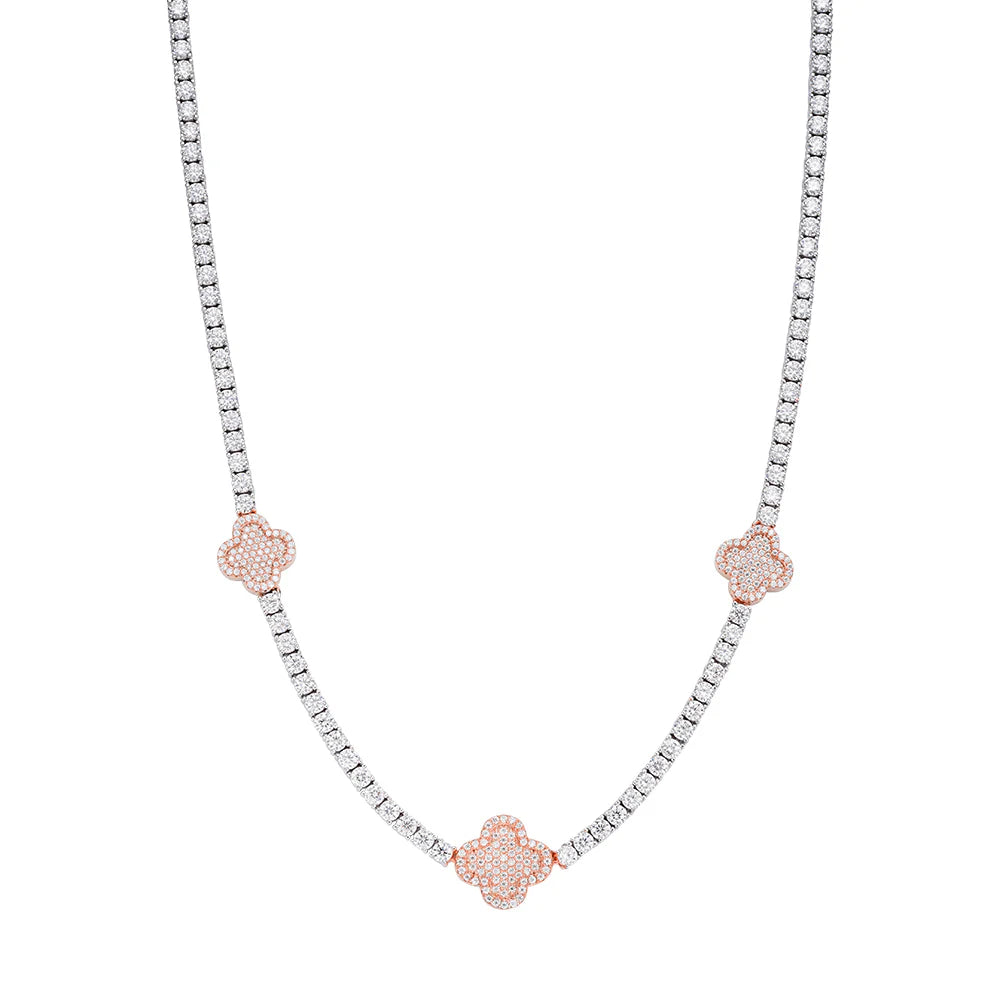Womens Tennis Clover Chain Rose 925 Moissanite Necklace