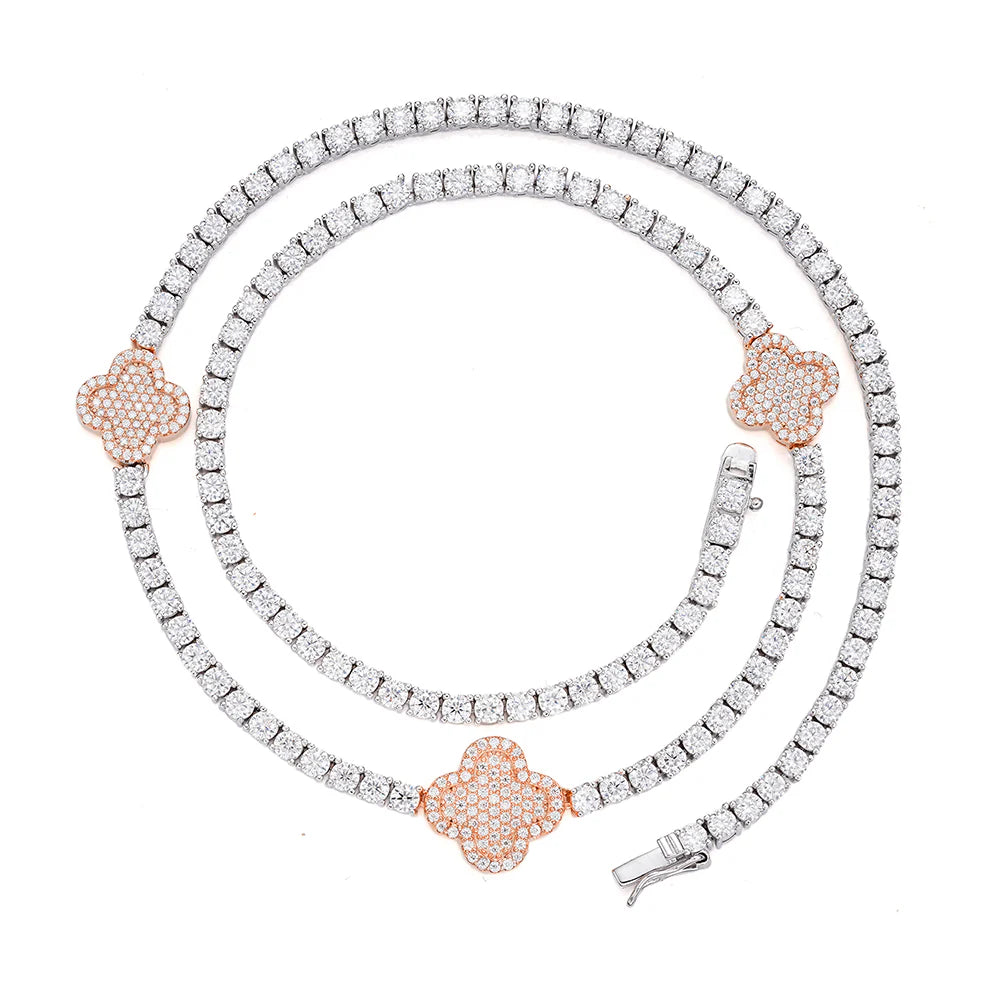 Womens Tennis Clover Chain Rose 925 Moissanite Necklace