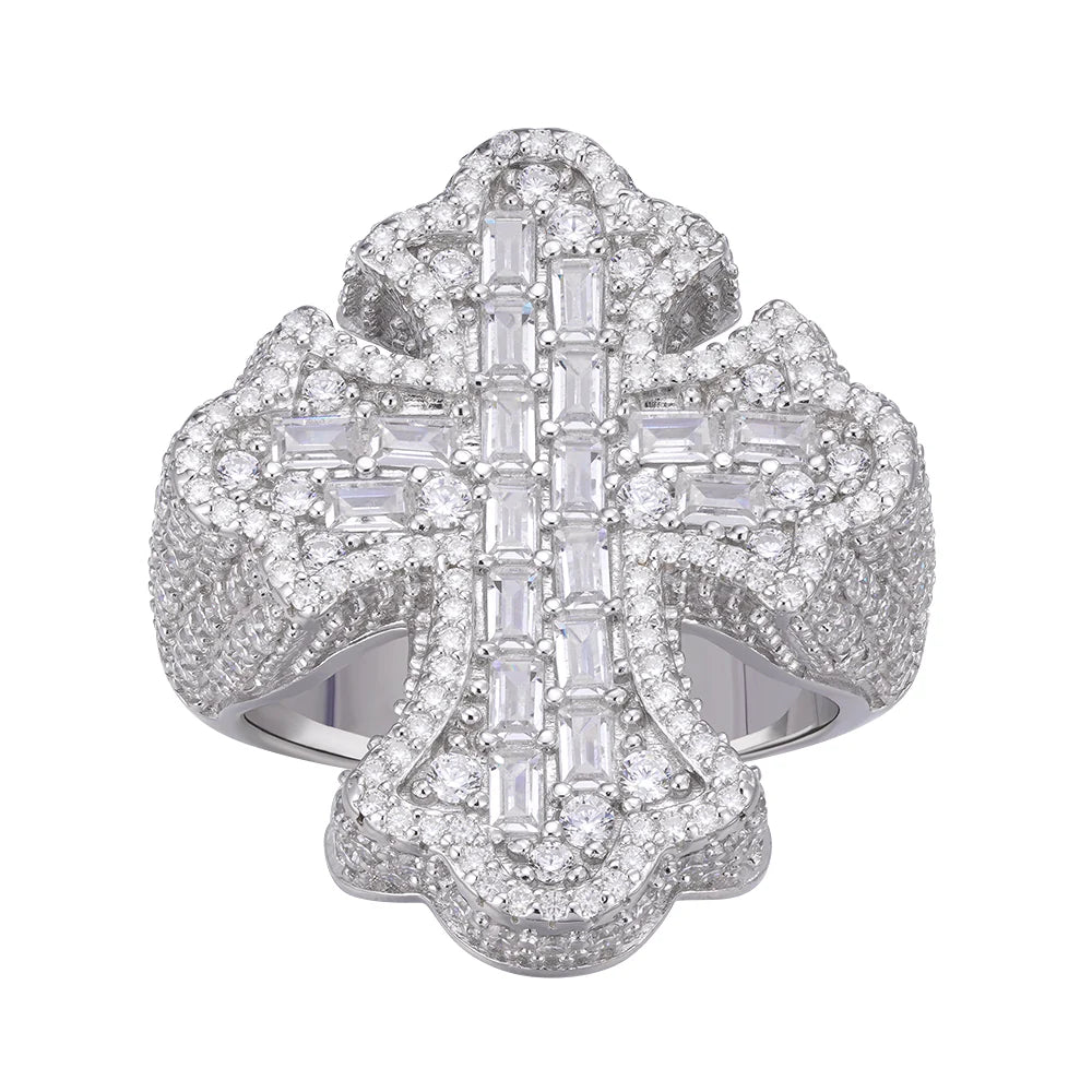 Moissanite Cross Ring Mens Baguette 925 Silver
