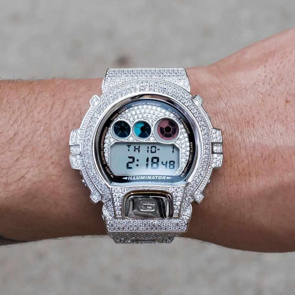 Fully Iced Moissanite Diamond Bezel Band Casio Gshock DW6900 Watch