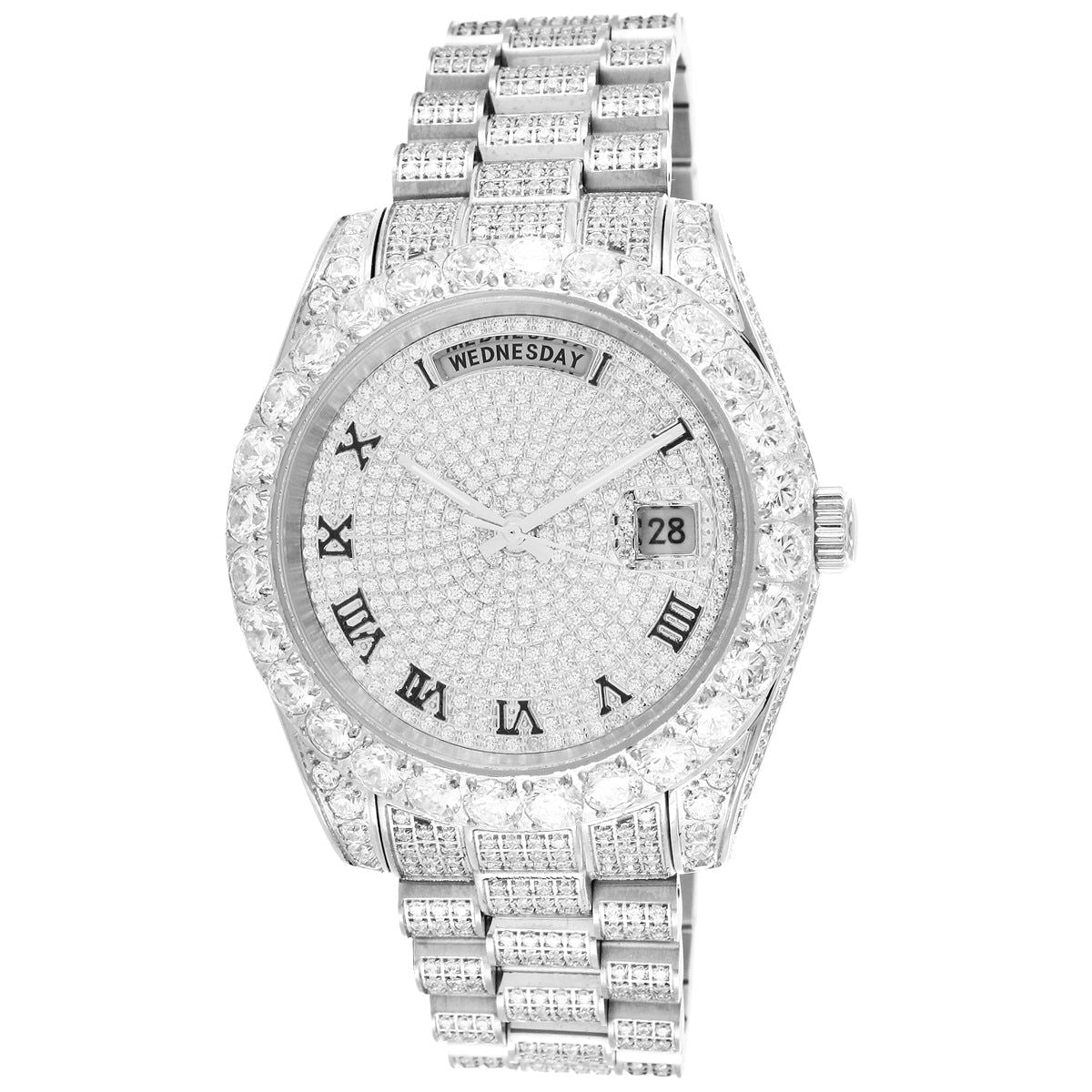 Designer Presidential Solitaire Bezel White Tone Steel Watch - Master of Bling 
