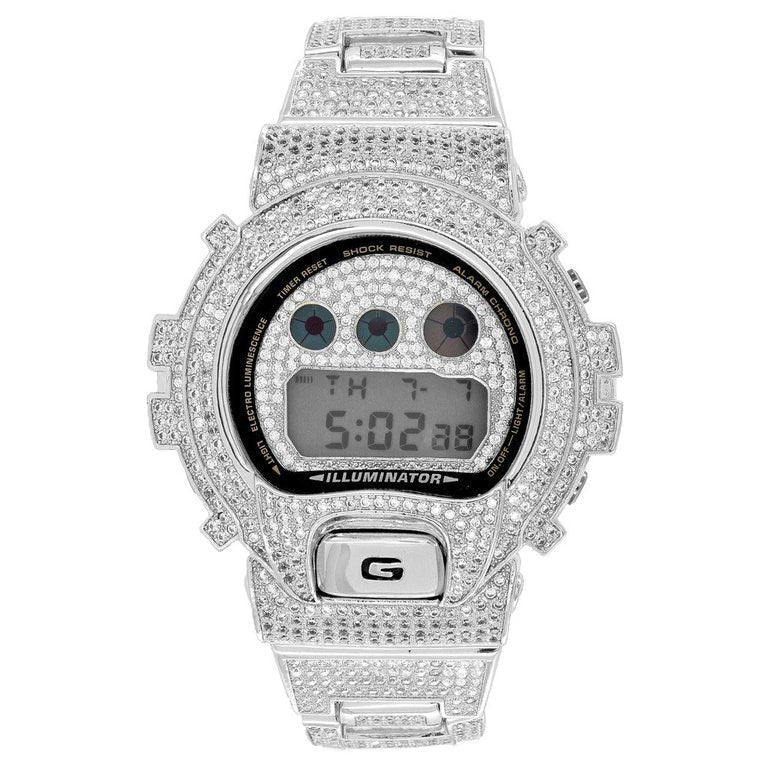 Fully Iced Moissanite Diamond Bezel Band Casio Gshock DW6900 Watch - Master of Bling 