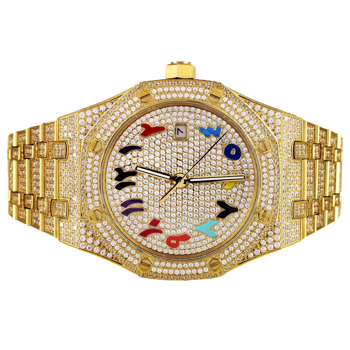 Gold Tone Arabic Rainbow Dial Stainless Steel Automatic Watch - Master of Bling 