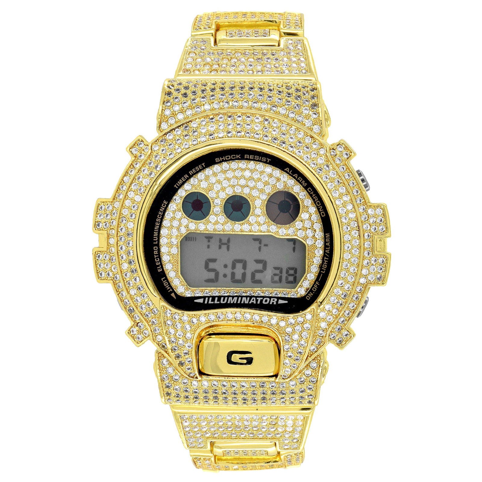 Gold Tone Fully Iced Moissanite Diamond Casio Gshock DW6900 Watch - Master of Bling 