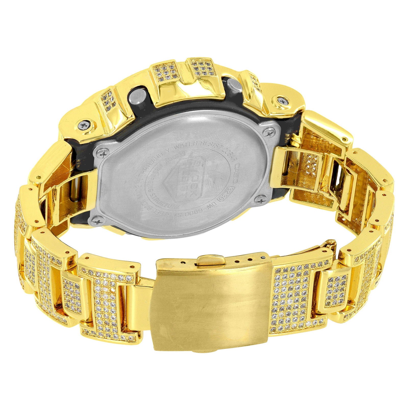Gold Tone Fully Iced Moissanite Diamond Casio Gshock DW6900 Watch - Master of Bling 