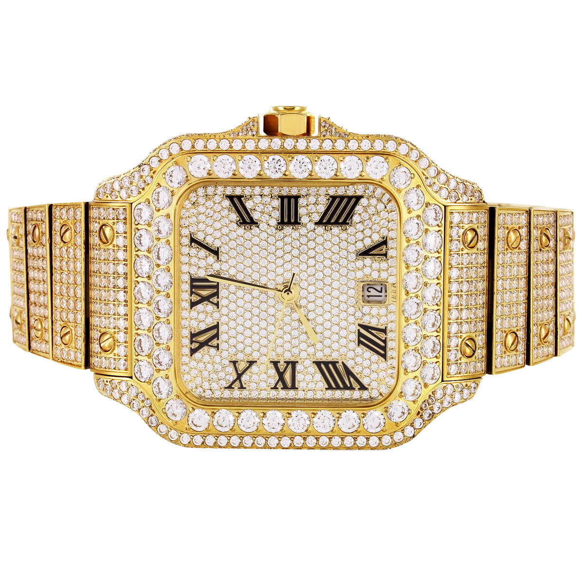 Gold Tone Roman Numeral Date Icy Steel Automatic New Watch - Master of Bling 
