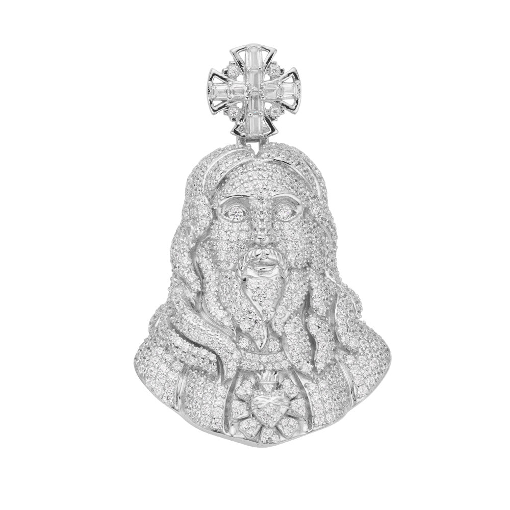 S.Silver 45mm Round Baguette Moissanite Jesus Cross Religious Pendant RP 6-3/8 Cttw