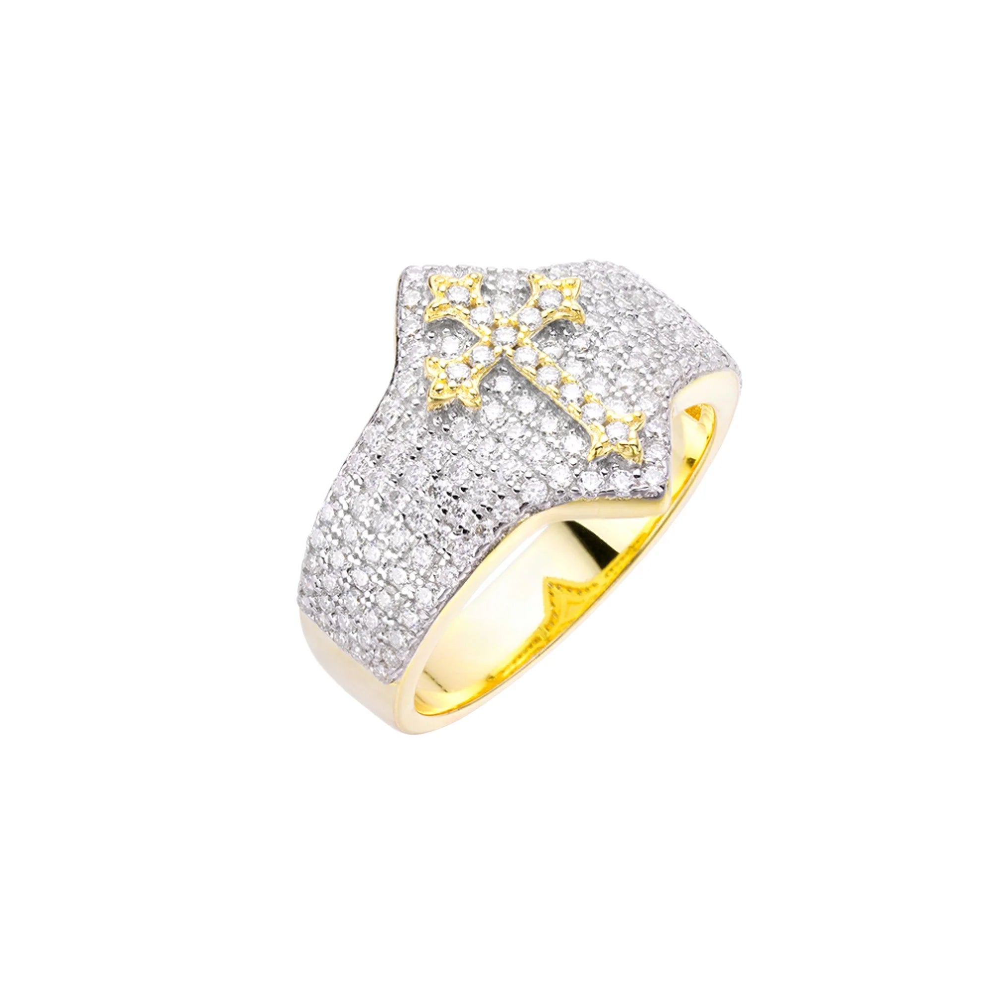 S.Silver Round Moissanite Cross Religious 14K Gold Tone Ring