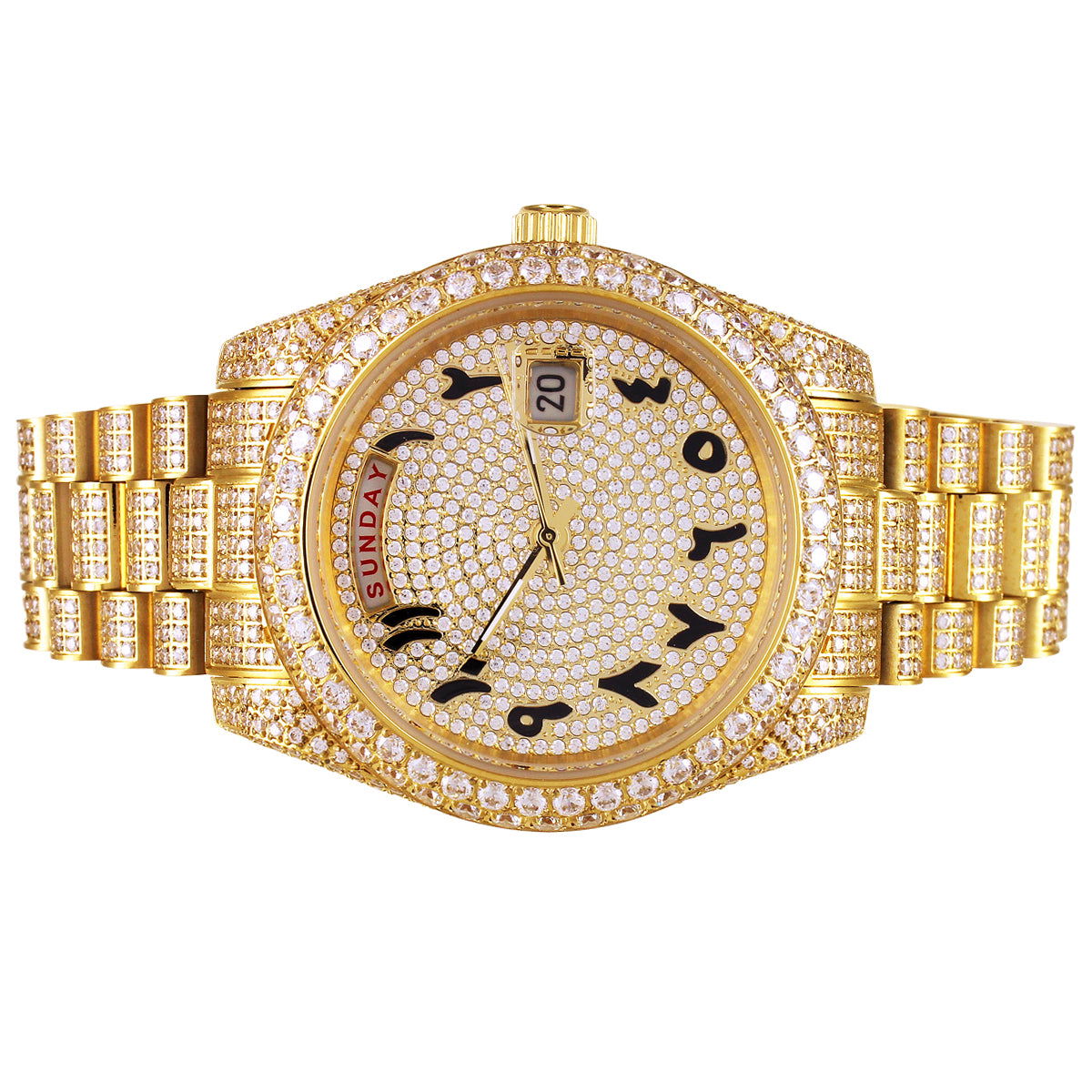 Icy Bubble Bezel Arabic Dial Gold Tone Automatic Movement Watch - Master of Bling 
