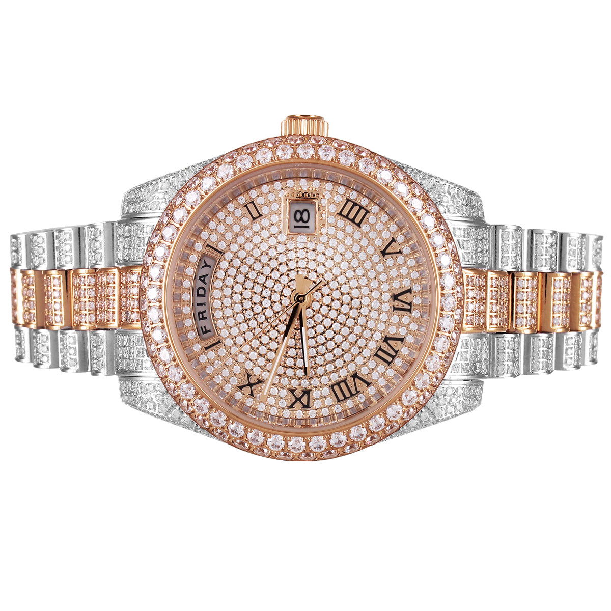 Icy Bubble Bezel Two Tone Rose Gold Steel Automatic Watch - Master of Bling 