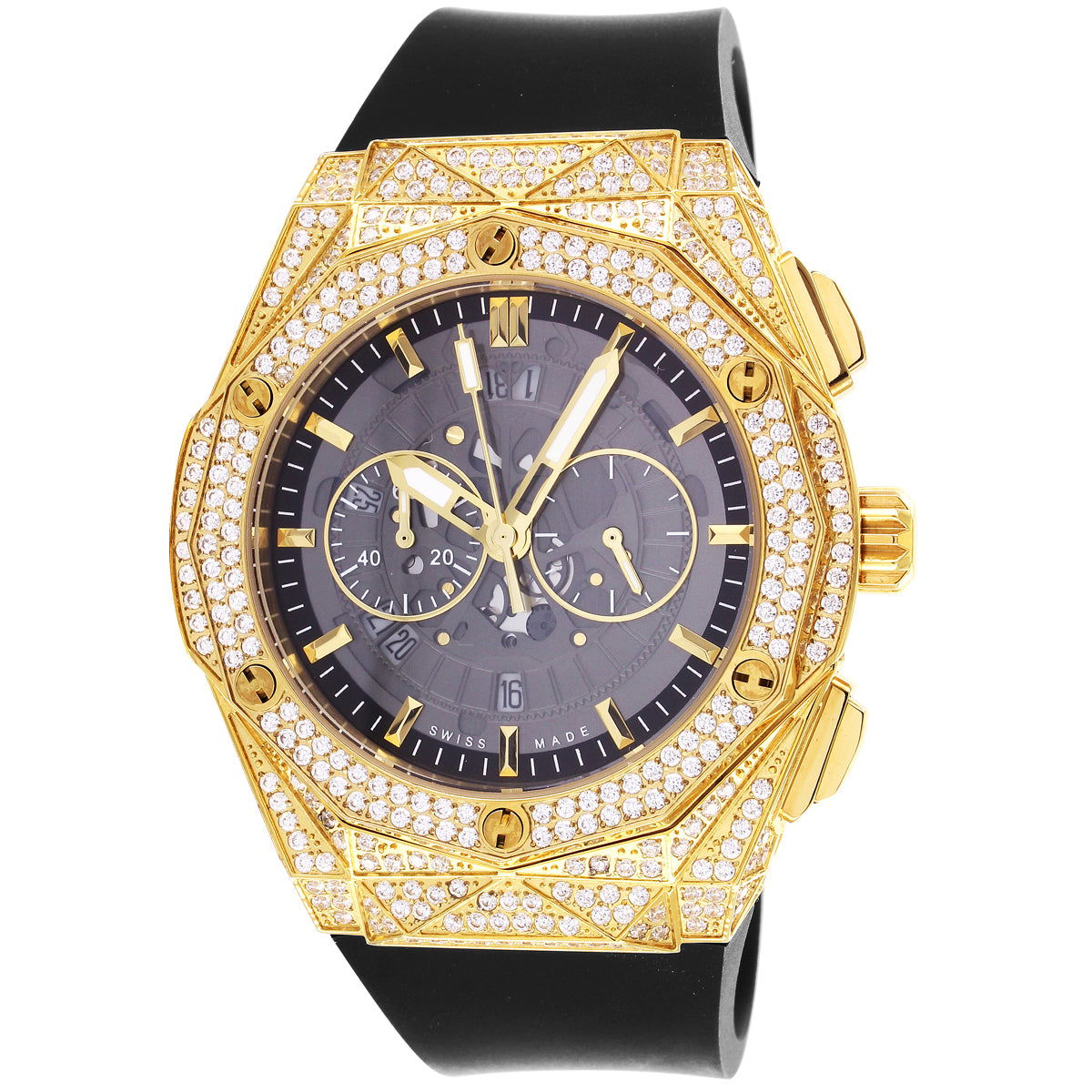 Men's Custom Gold Tone Bling Bezel Steel Silicone Band Watch - Master of Bling 