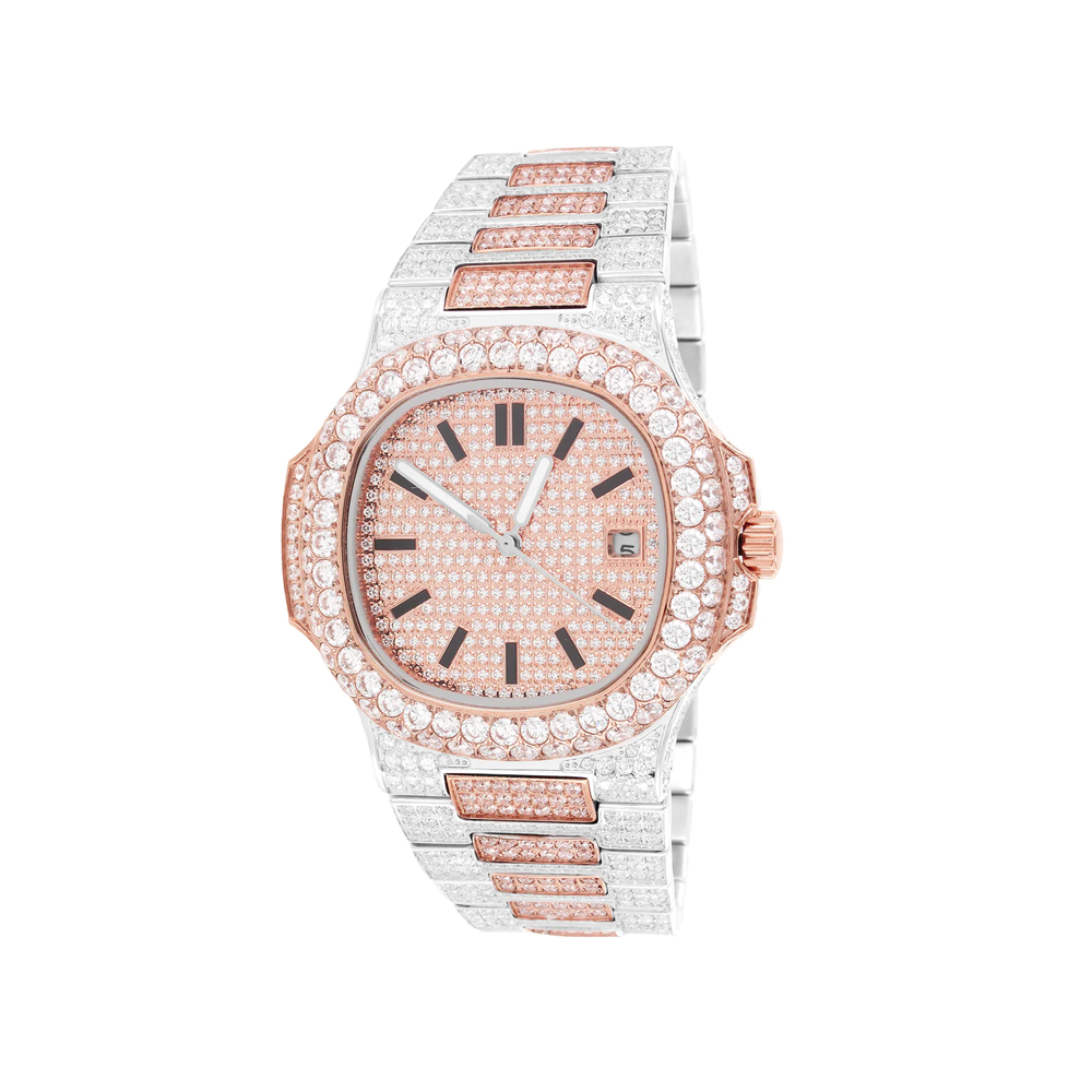 Men's Watch Moissanite 19.0ct White & Rose Tone Band - Master of Bling 