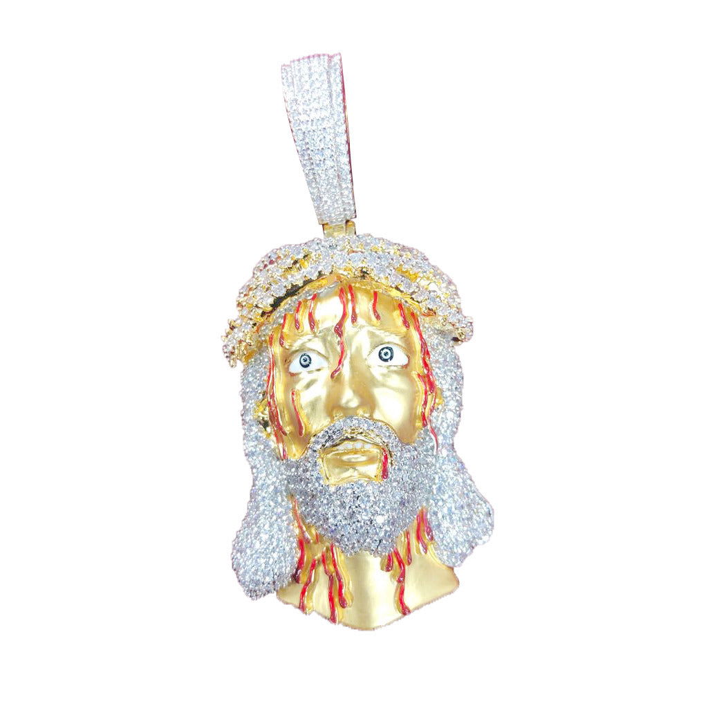 Mens 3D Enamel Jesus Face Hip Hop Yellow Tone Pendant - Master of Bling 