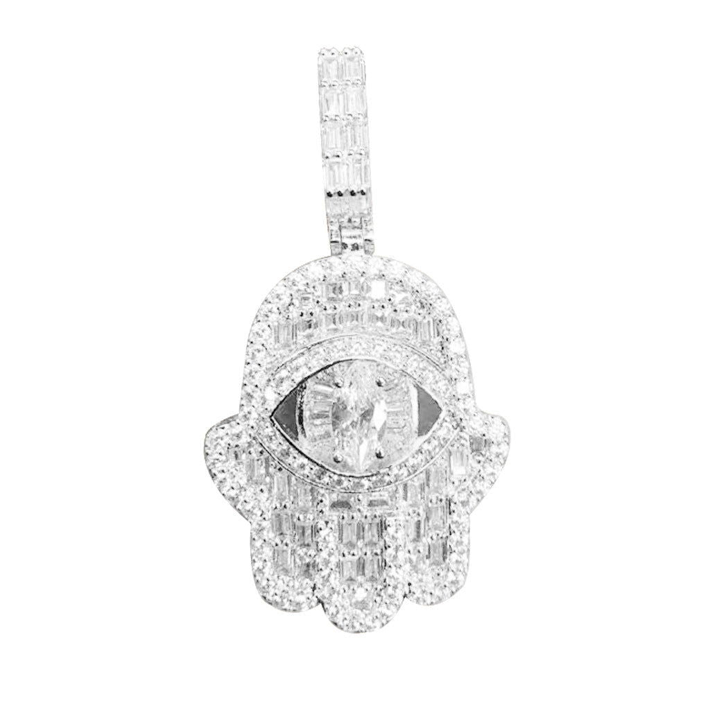 Mens Evil Eye Hamsa Hand Baguette White Tone Pendant - Master of Bling 