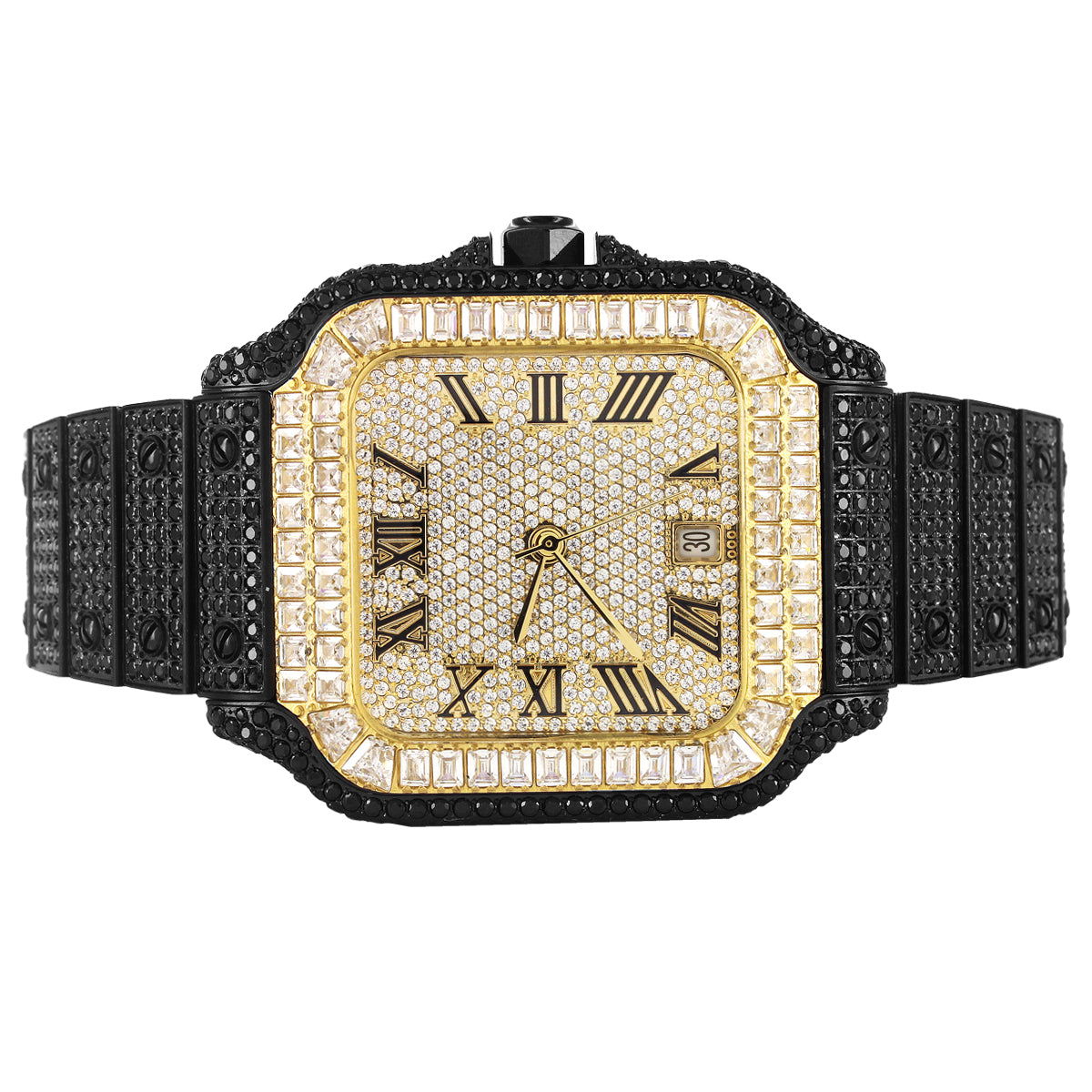 Mens Icy Black Stainless Steel Bezel Gold Tone Luxury Watch - Master of Bling 