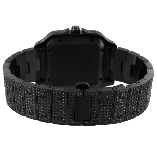 Mens Icy Black Stainless Steel Bezel Gold Tone Luxury Watch - Master of Bling 