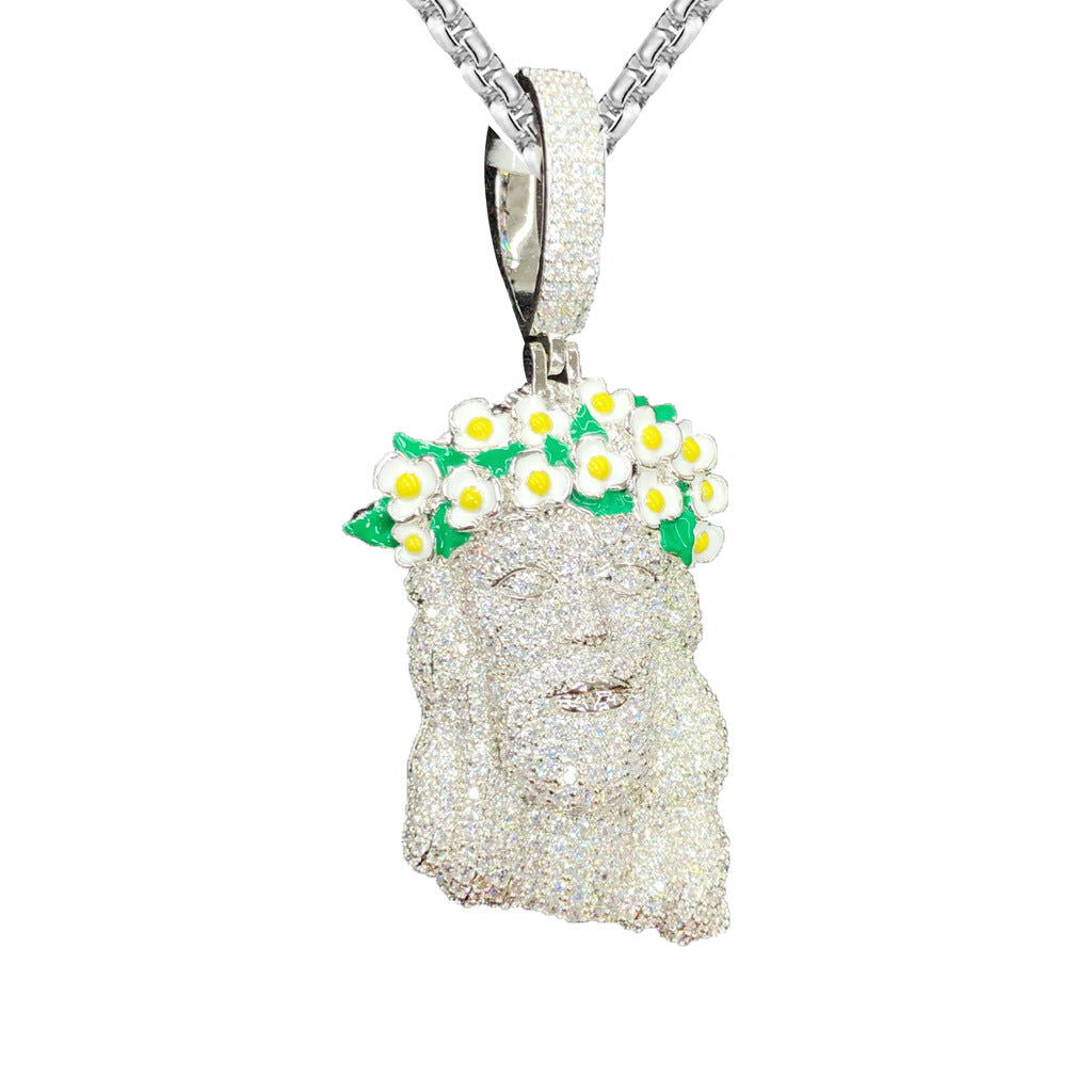 Mens Jesus Face Flower Crown Icy Religious White Tone Pendant - Master of Bling 