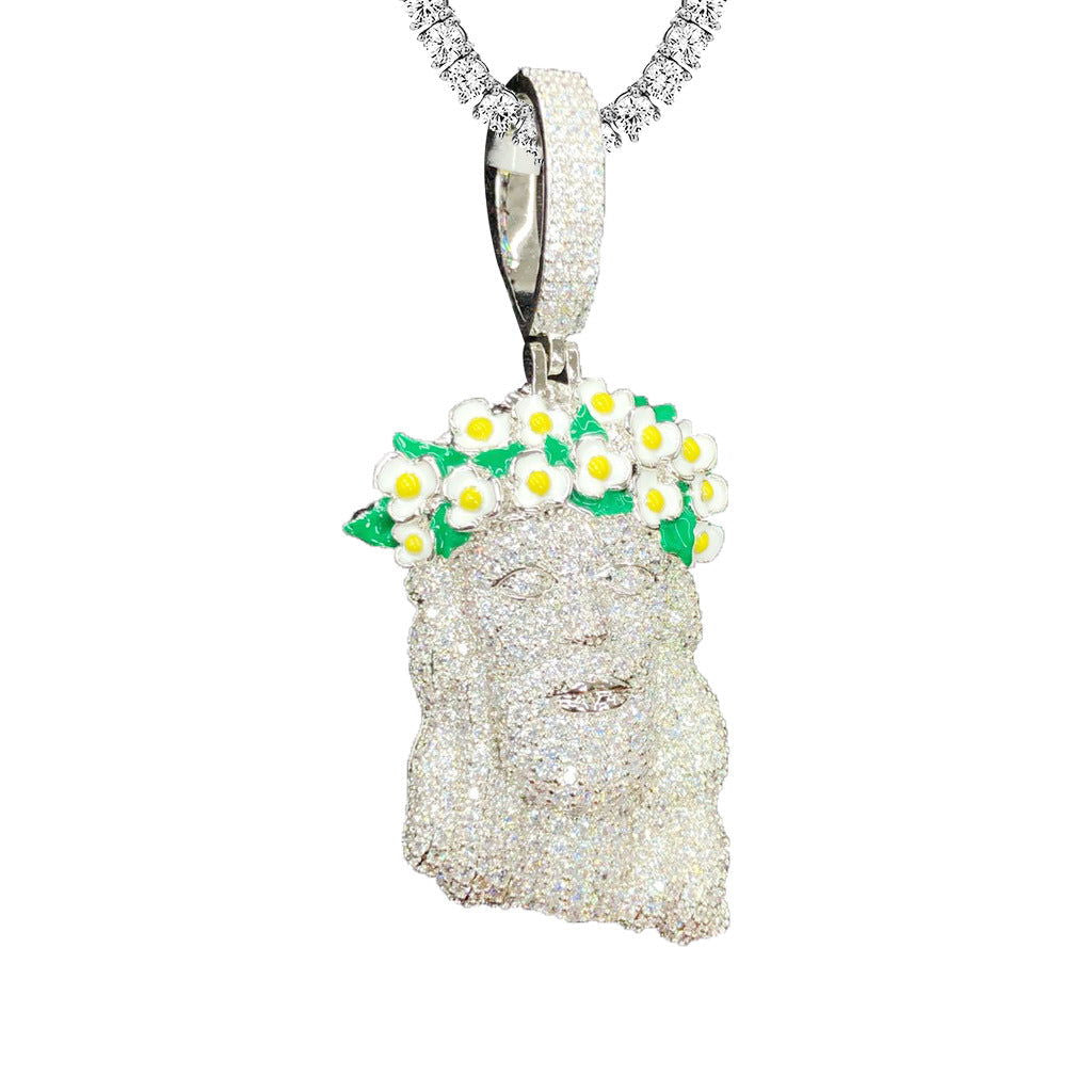 Mens Jesus Face Flower Crown Icy Religious White Tone Pendant - Master of Bling 