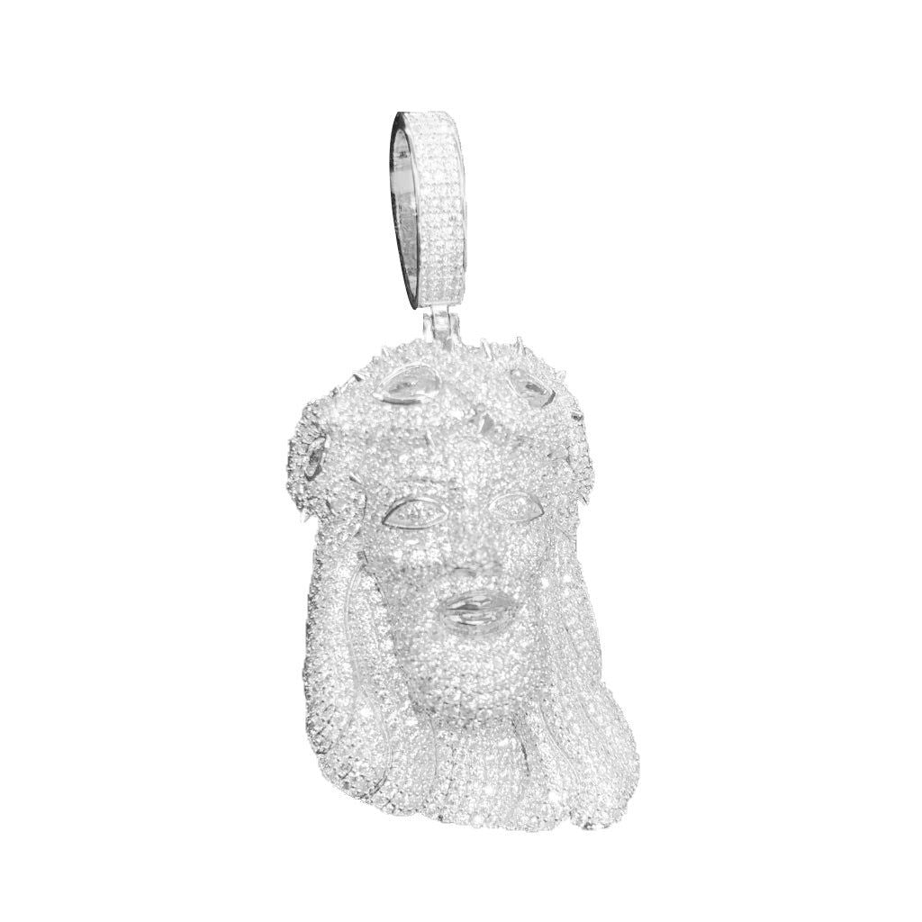 Mens Jesus Face Hip Hop Icy Religious White Tone Pendant - Master of Bling 