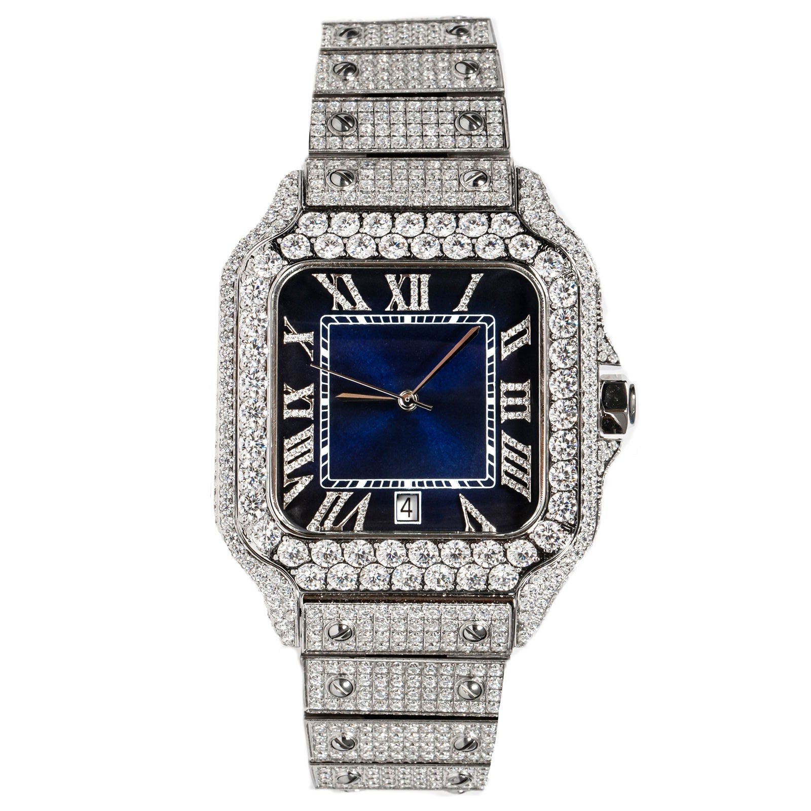 Mens Moissanite Diamond Watch 40mm Navy Blue Dial Automatic - Master of Bling 