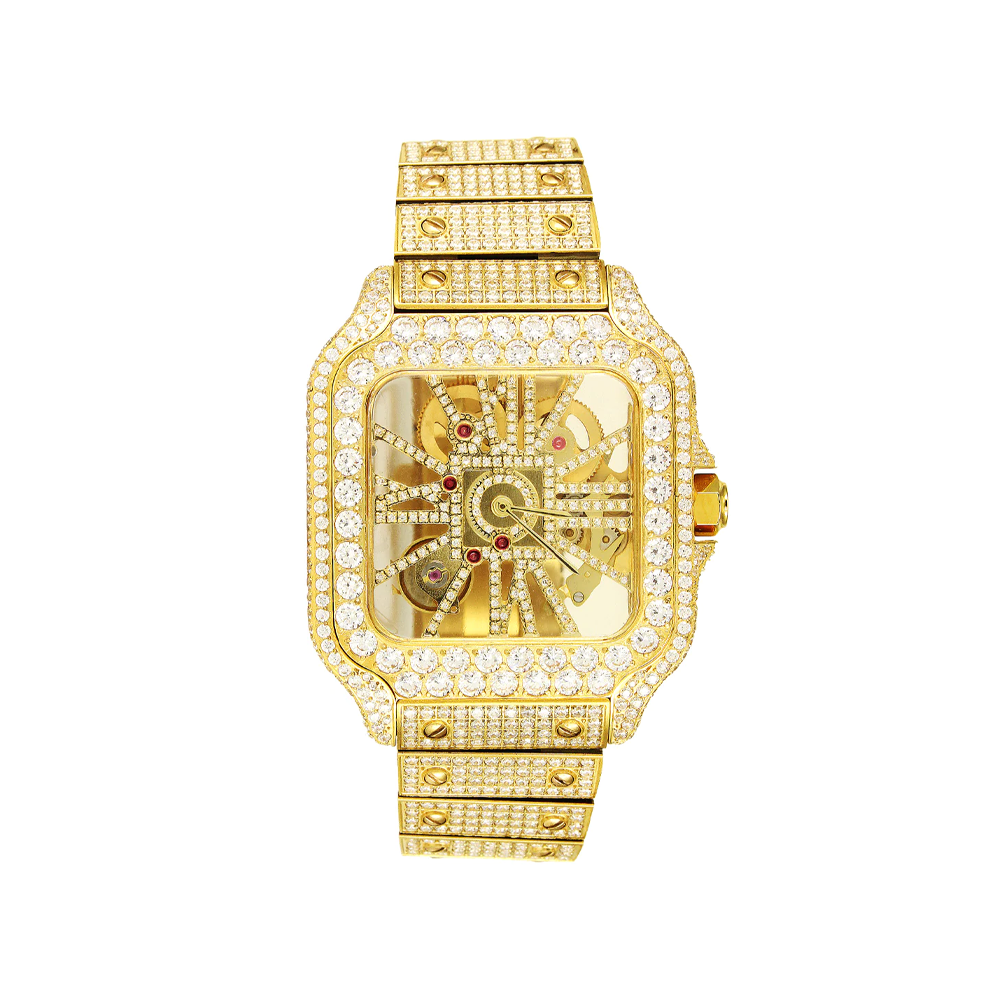 Mens Moissanite Skeleton Dial Yellow Tone Stainless Steel Watch - Master of Bling 