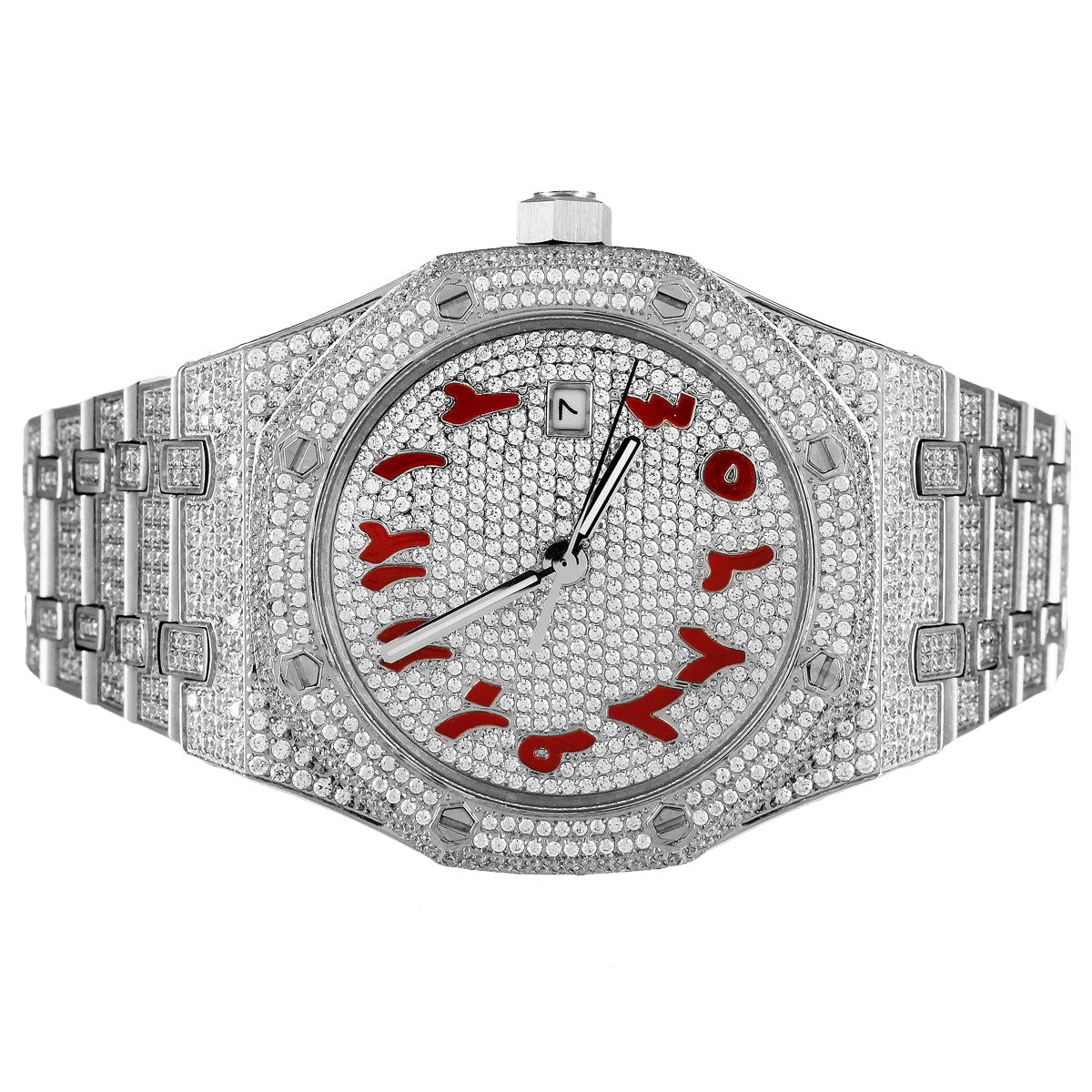 Mens Red Arabic Dial Date Stainless Steel New Luxury Watch - Master of Bling 