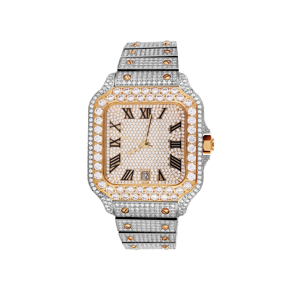 Mens Stainless Steel Moissanite Two Tone Rose Gold Luxury Watch - Master of Bling 
