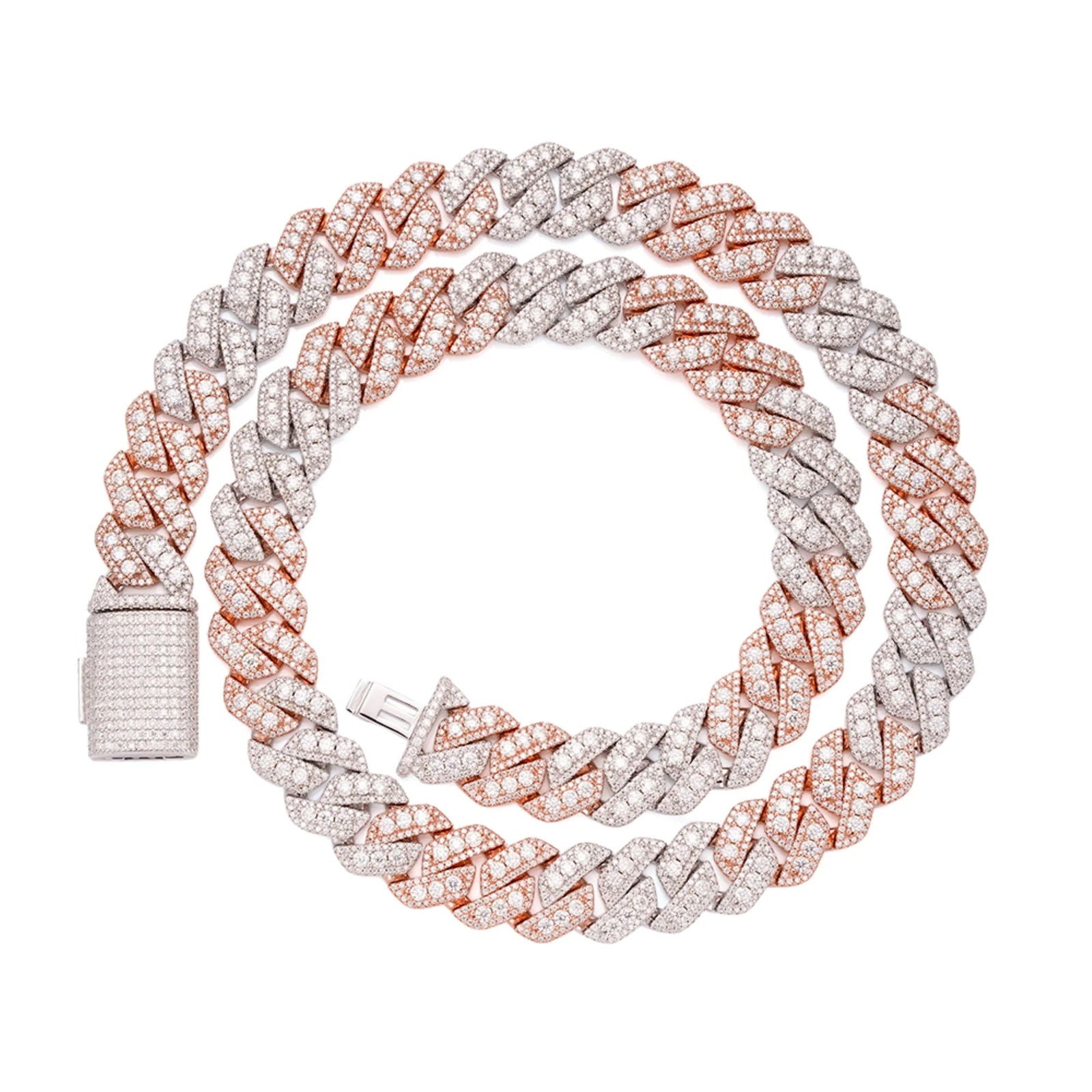 Miami Cuban Link Chain MOISSANITE 14mm 925 Silver 2 Tone Rose Gold - Master of Bling 