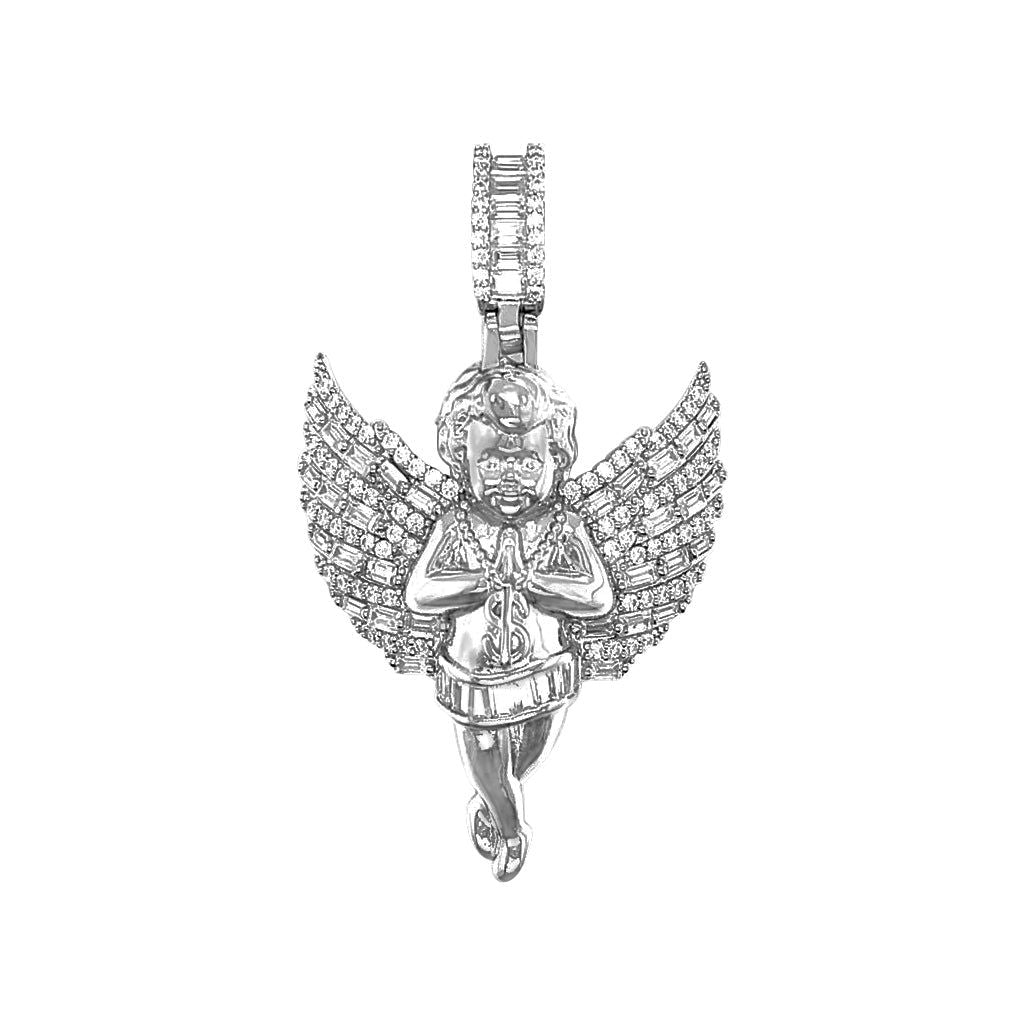 Moissanite Baguette 2.76 CTW Angel Wings 3D Silver Pendant - Master of Bling 