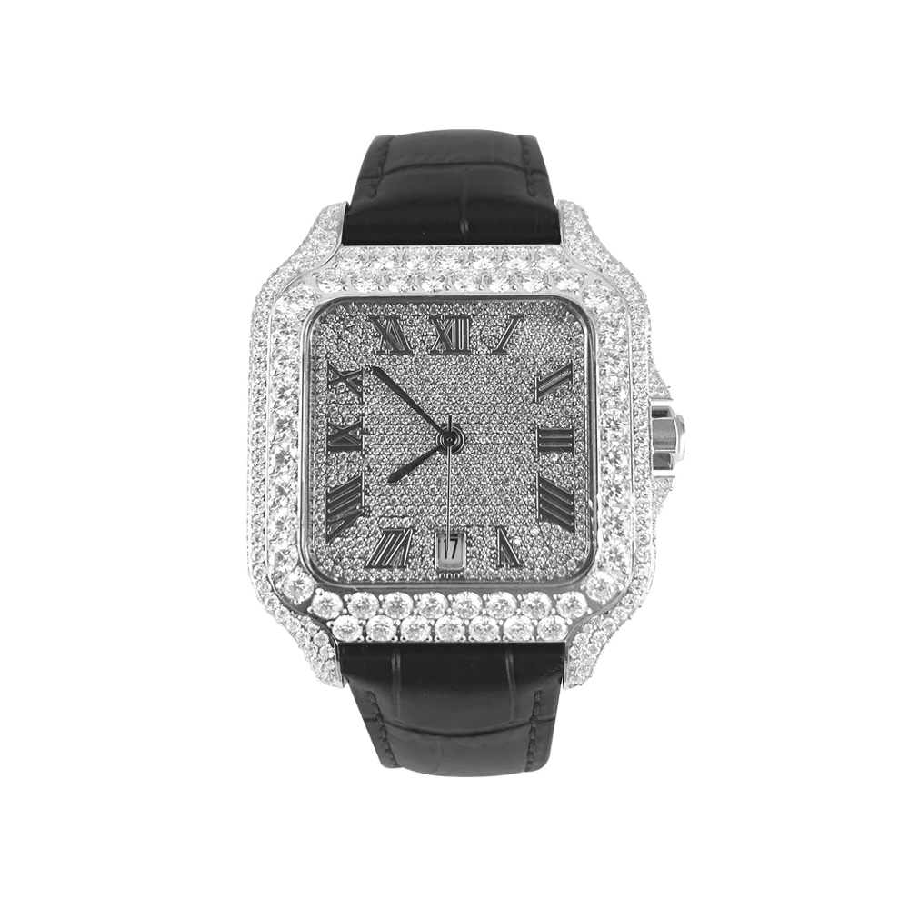 Moissanite Black Croco Half Iced Leather Band Watch Bezel 9.6ct - Master of Bling 