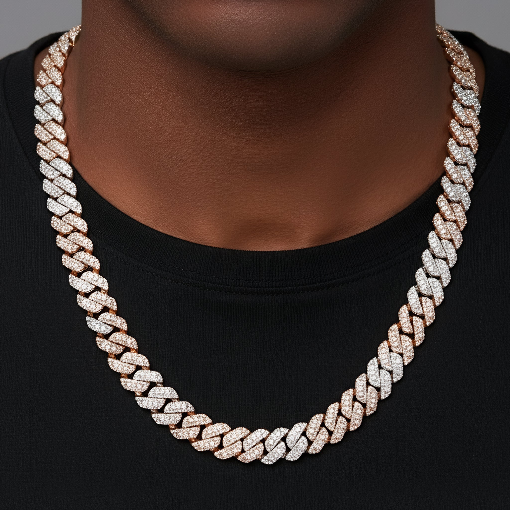 Miami Cuban Link Chain MOISSANITE 14mm 925 Silver 2 Tone Rose Gold