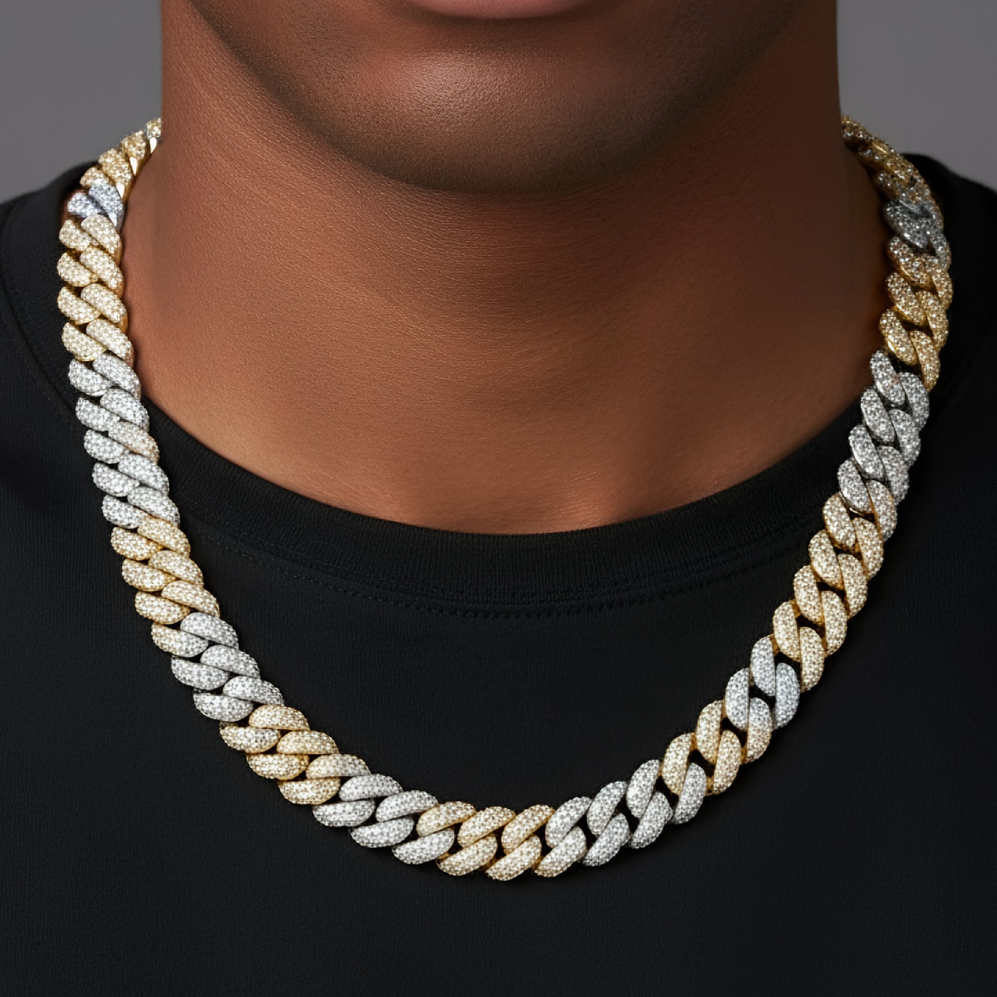 Moissanite Diamond Miami Cuban 10MM 22IN 14K Gold Two Tone .925 Chain