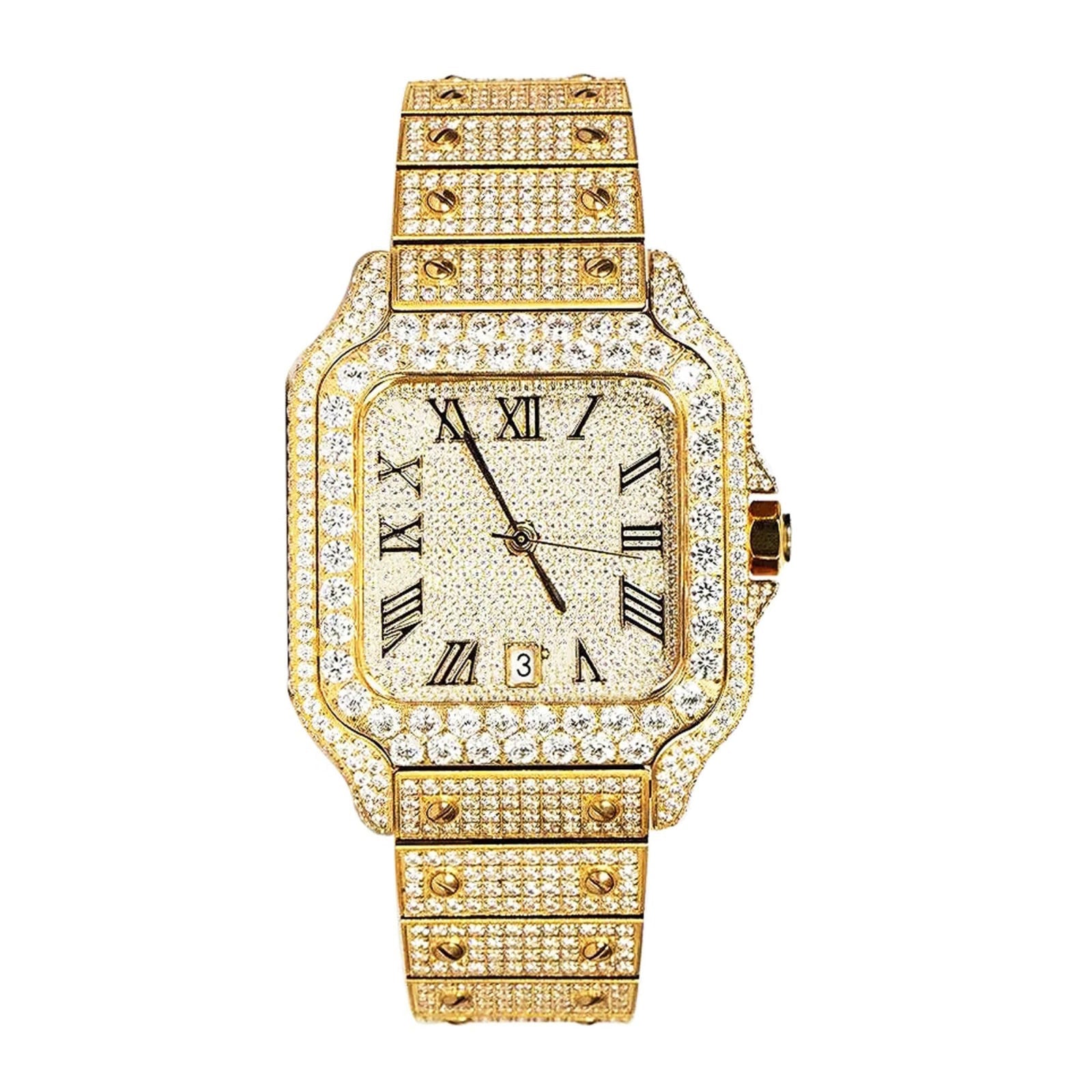 Moissanite Gold Tone Watch Automatic Stainless Steel Designer - Master of Bling 