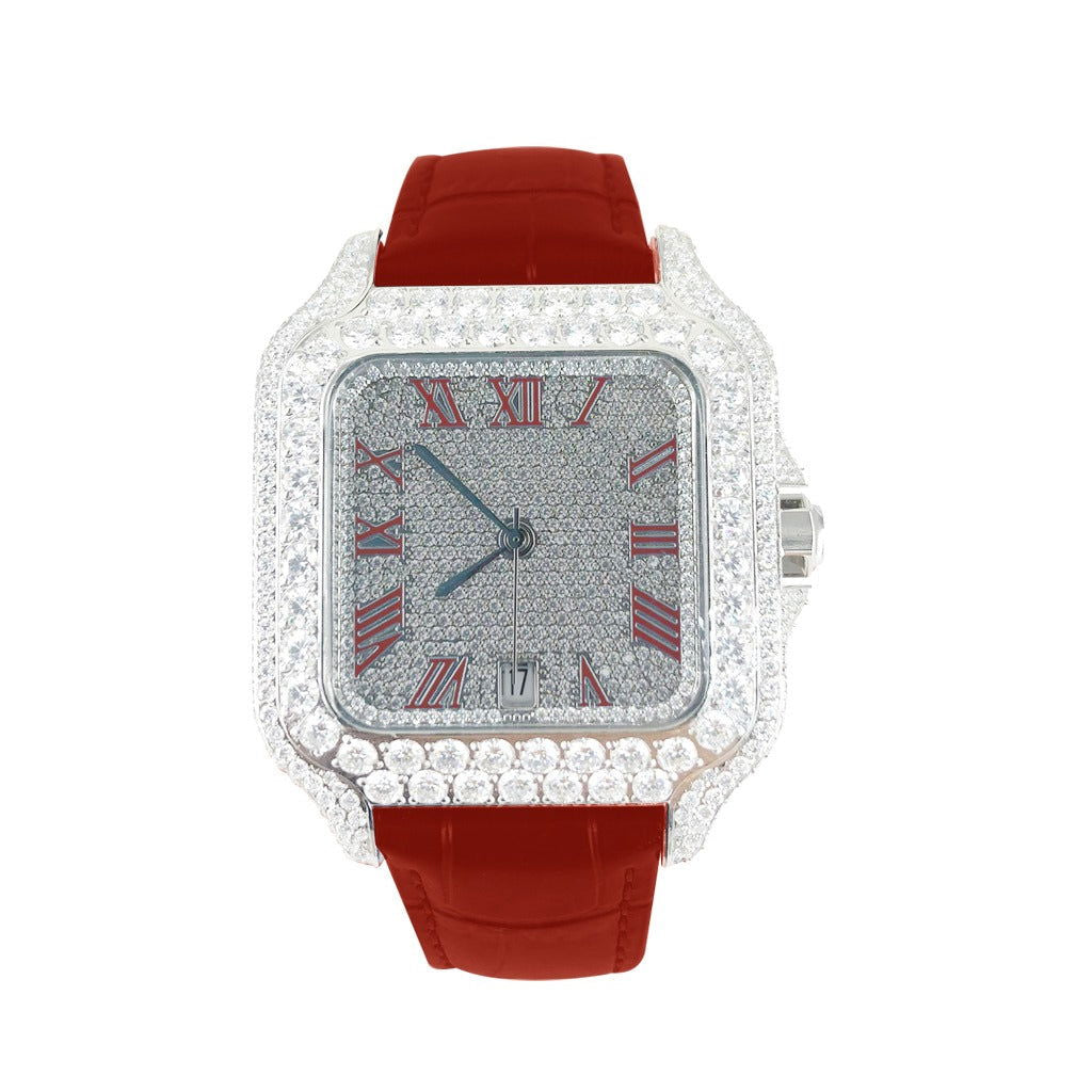 Moissanite Red Croco Half Iced Leather Band Watch Bezel 9.6ct - Master of Bling 