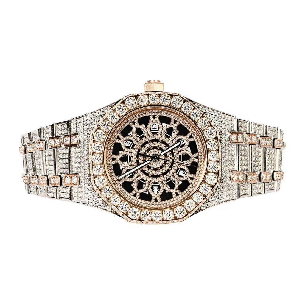 Moissanite Two Tone Rose Gold Skeleton Dial Octagon Watch - Master of Bling 